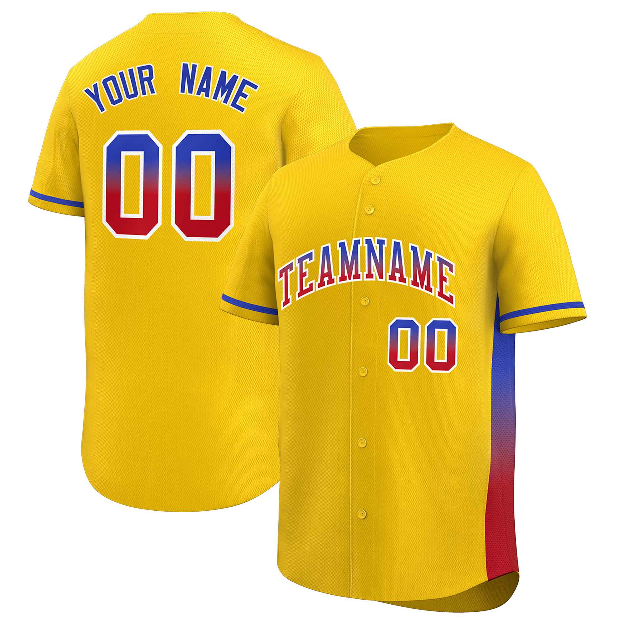 Custom Gold Royal-Red Personalized Gradient Font And Side Design Authentic Baseball Jersey