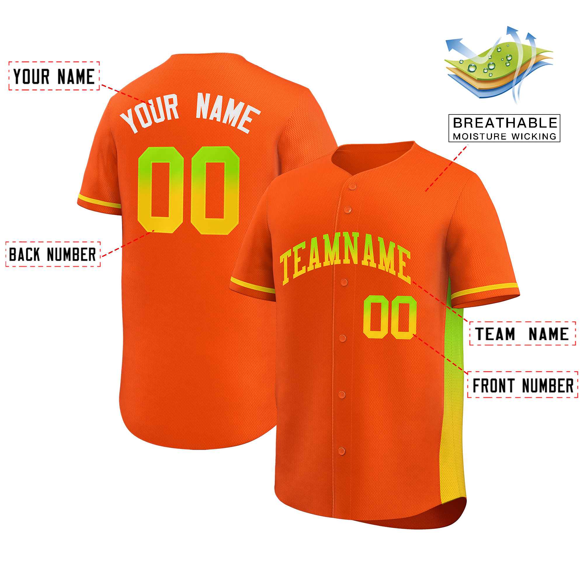 Custom Orange Neon Green-Gold Personalized Gradient Font And Side Design Authentic Baseball Jersey