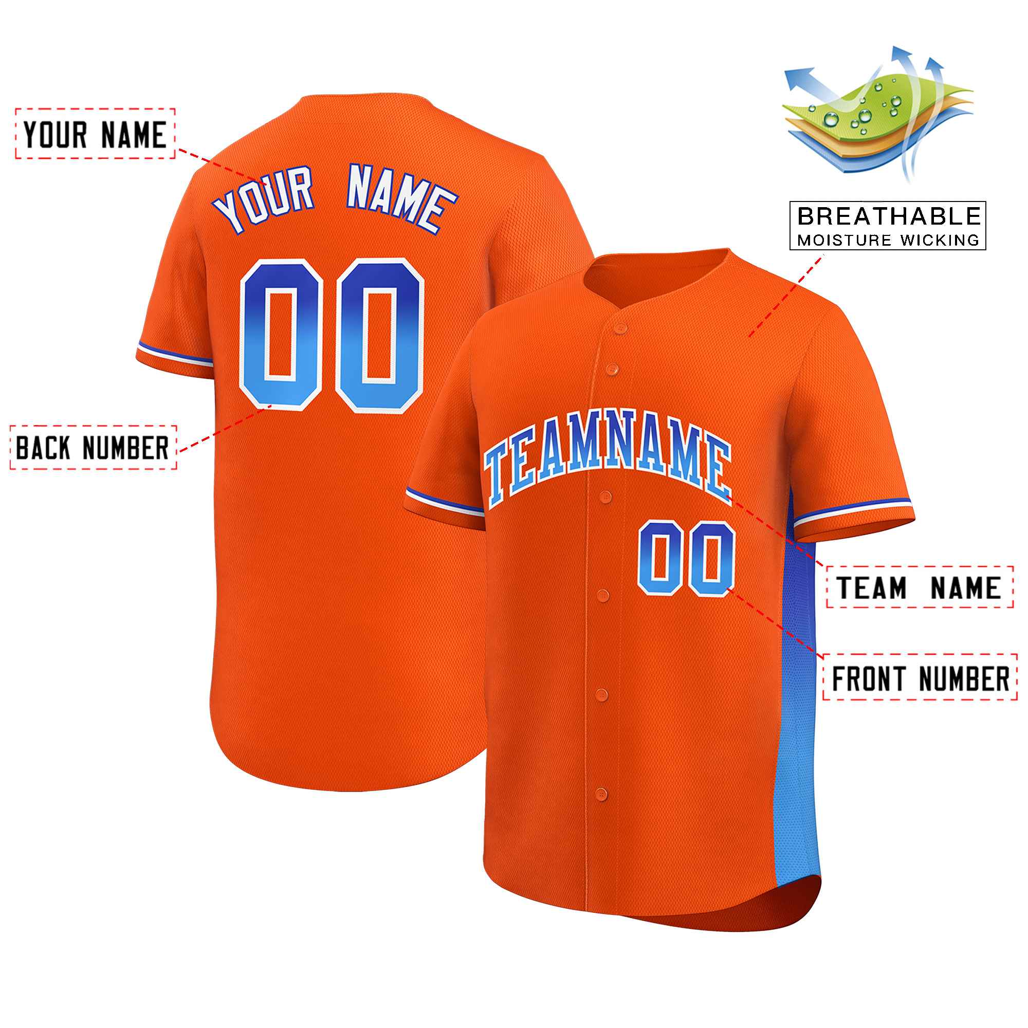 Custom Orange Royal-Powder Blue Personalized Gradient Font And Side Design Authentic Baseball Jersey