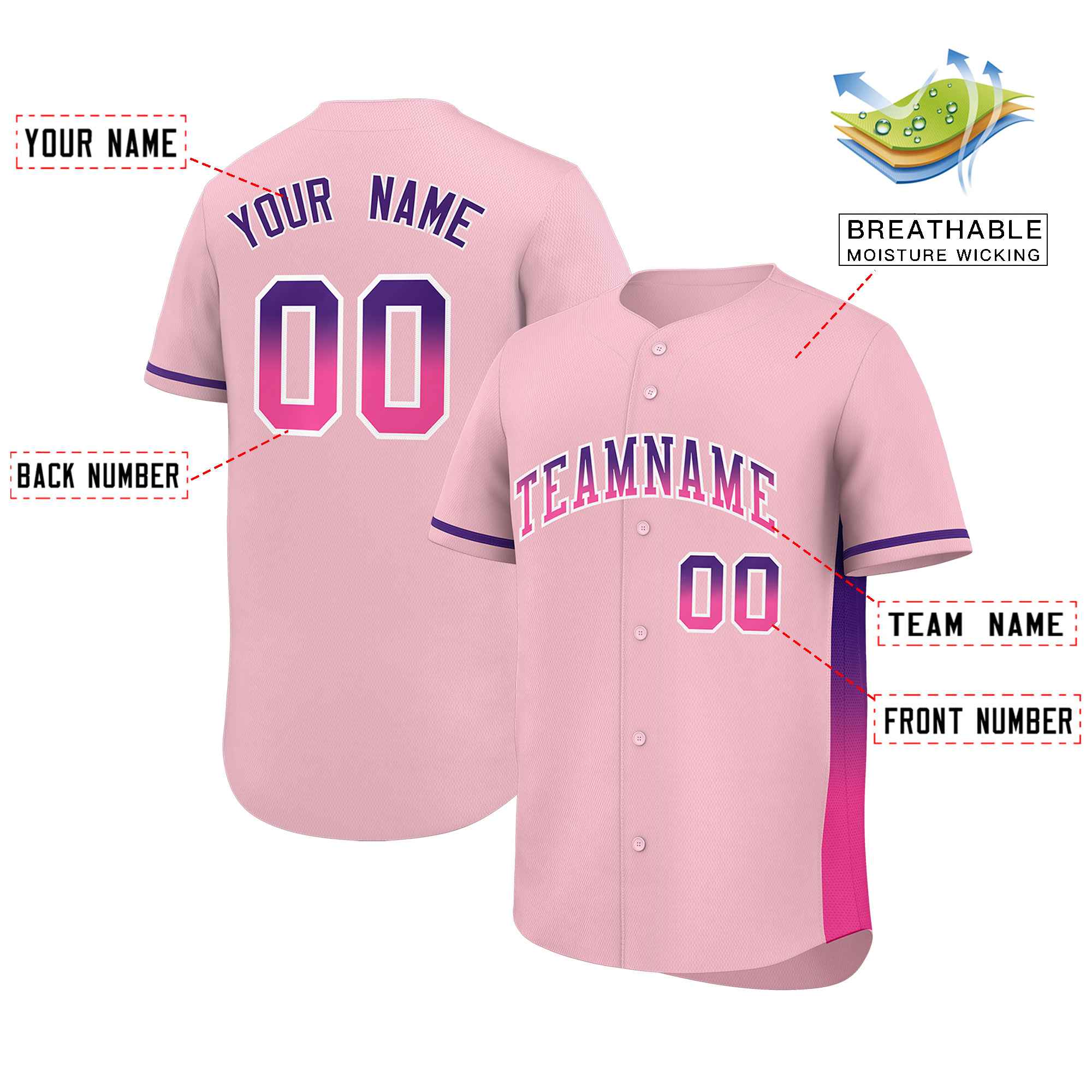 Custom Light Pink Purple-Pink Personalized Gradient Font And Side Design Authentic Baseball Jersey