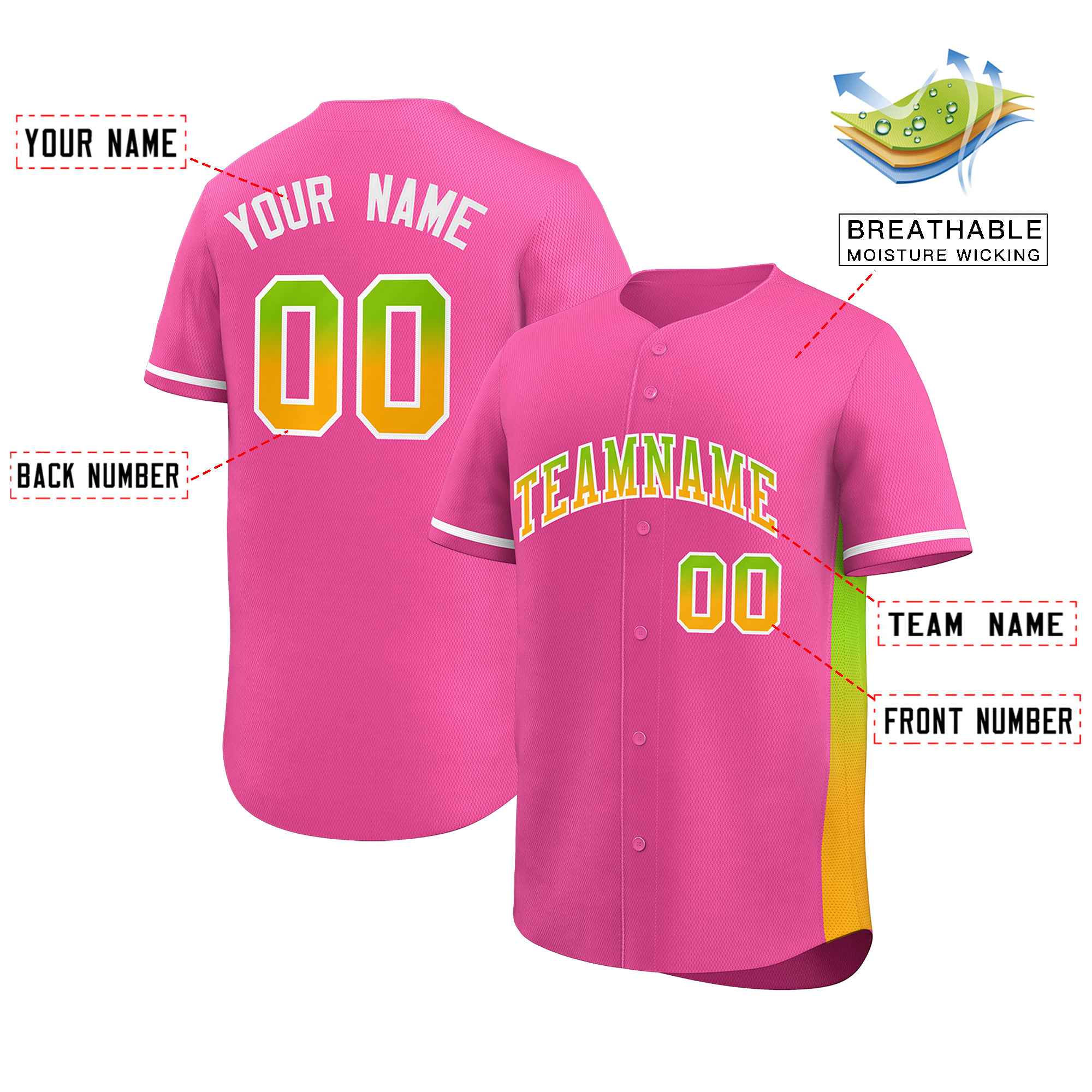 Custom Pink Neon Green-Gold Personalized Gradient Font And Side Design Authentic Baseball Jersey