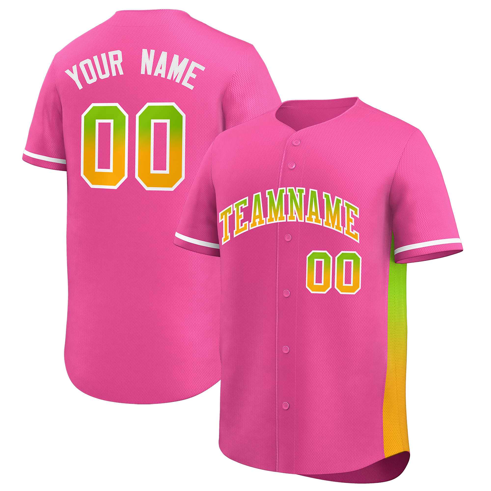 Custom Pink Neon Green-Gold Personalized Gradient Font And Side Design Authentic Baseball Jersey