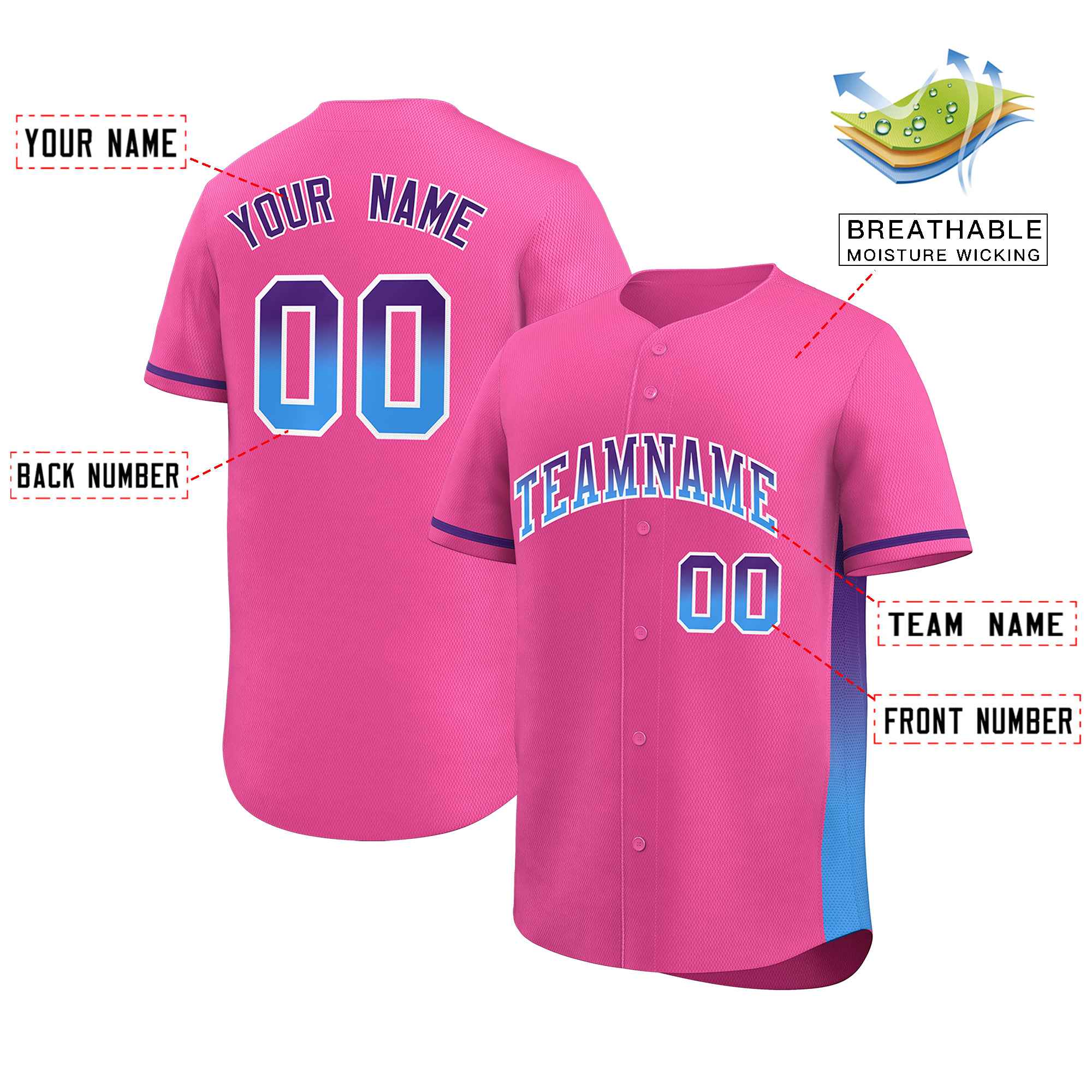 Custom Pink Purple-Powder Blue Personalized Gradient Font And Side Design Authentic Baseball Jersey