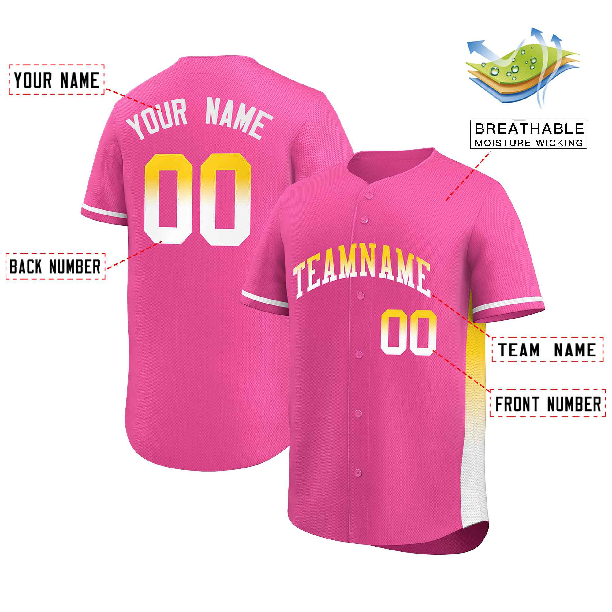 Custom Pink Gold-White Personalized Gradient Font And Side Design Authentic Baseball Jersey