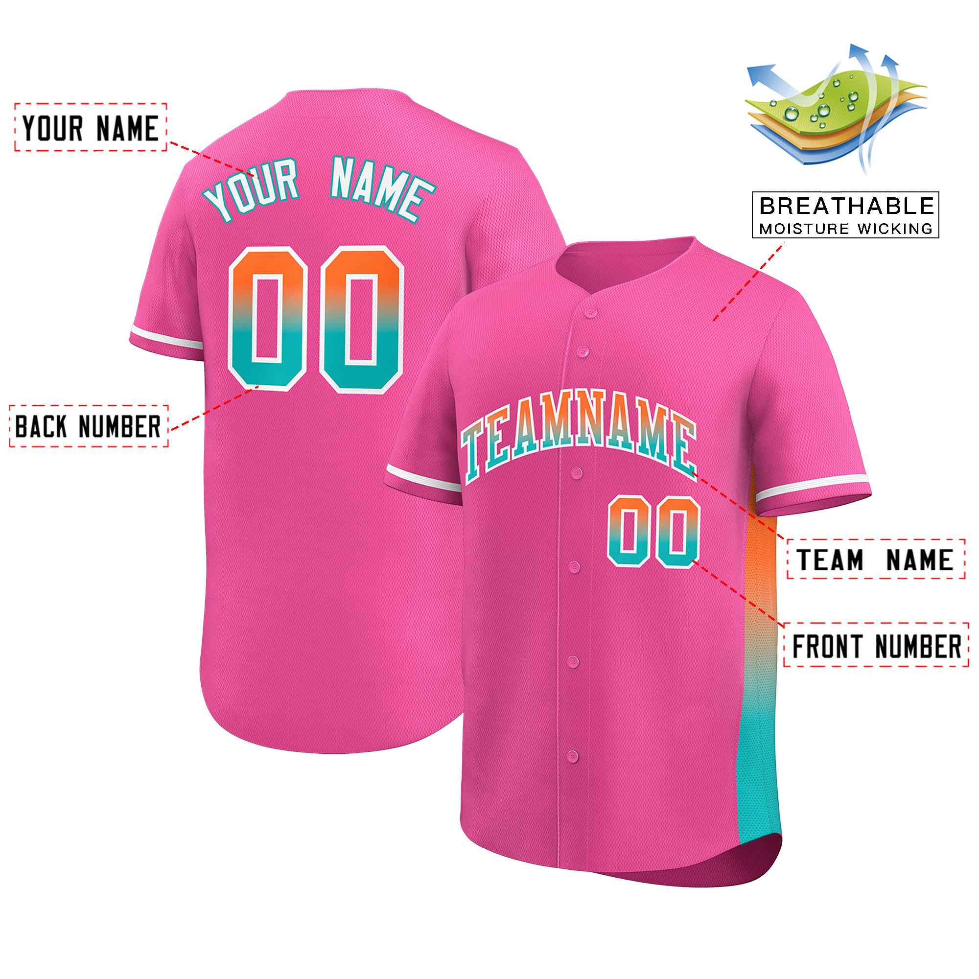 Custom Pink Orange-Aqua Personalized Gradient Font And Side Design Authentic Baseball Jersey