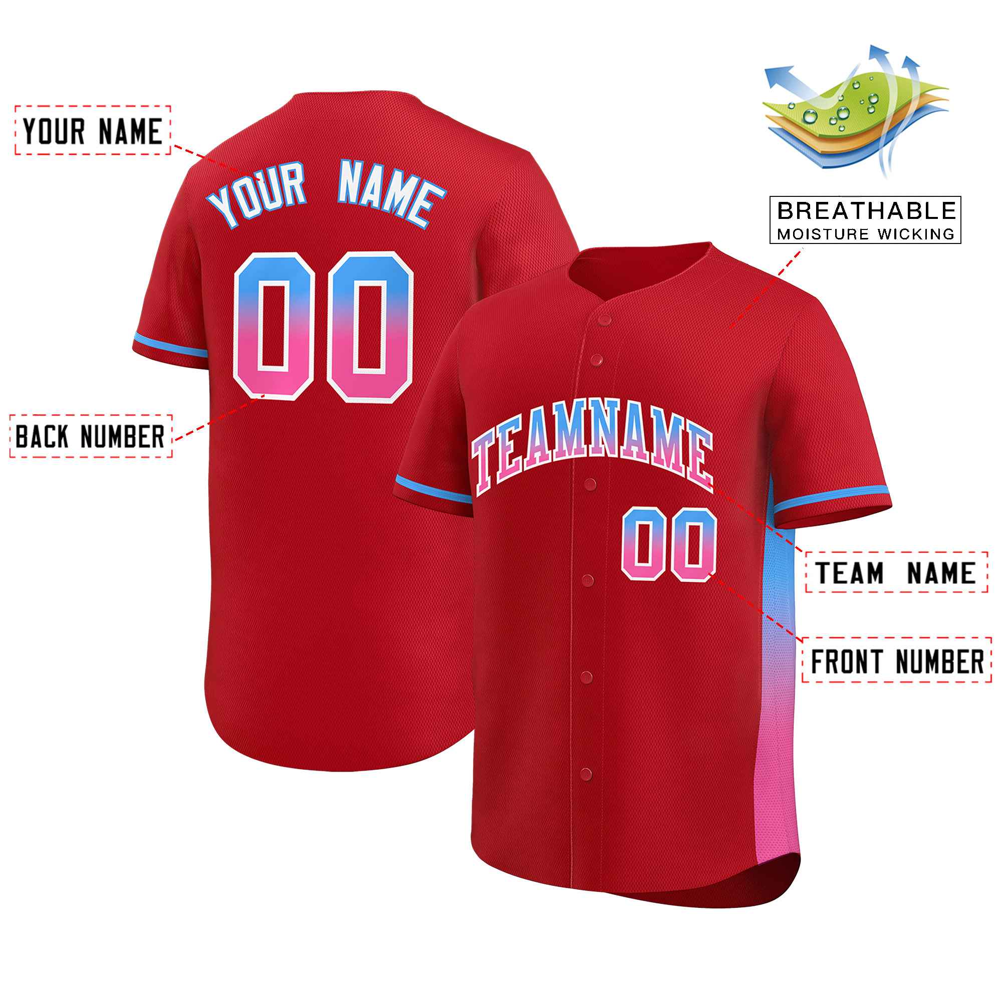 Custom Red Powder Blue-Pink Personalized Gradient Font And Side Design Authentic Baseball Jersey