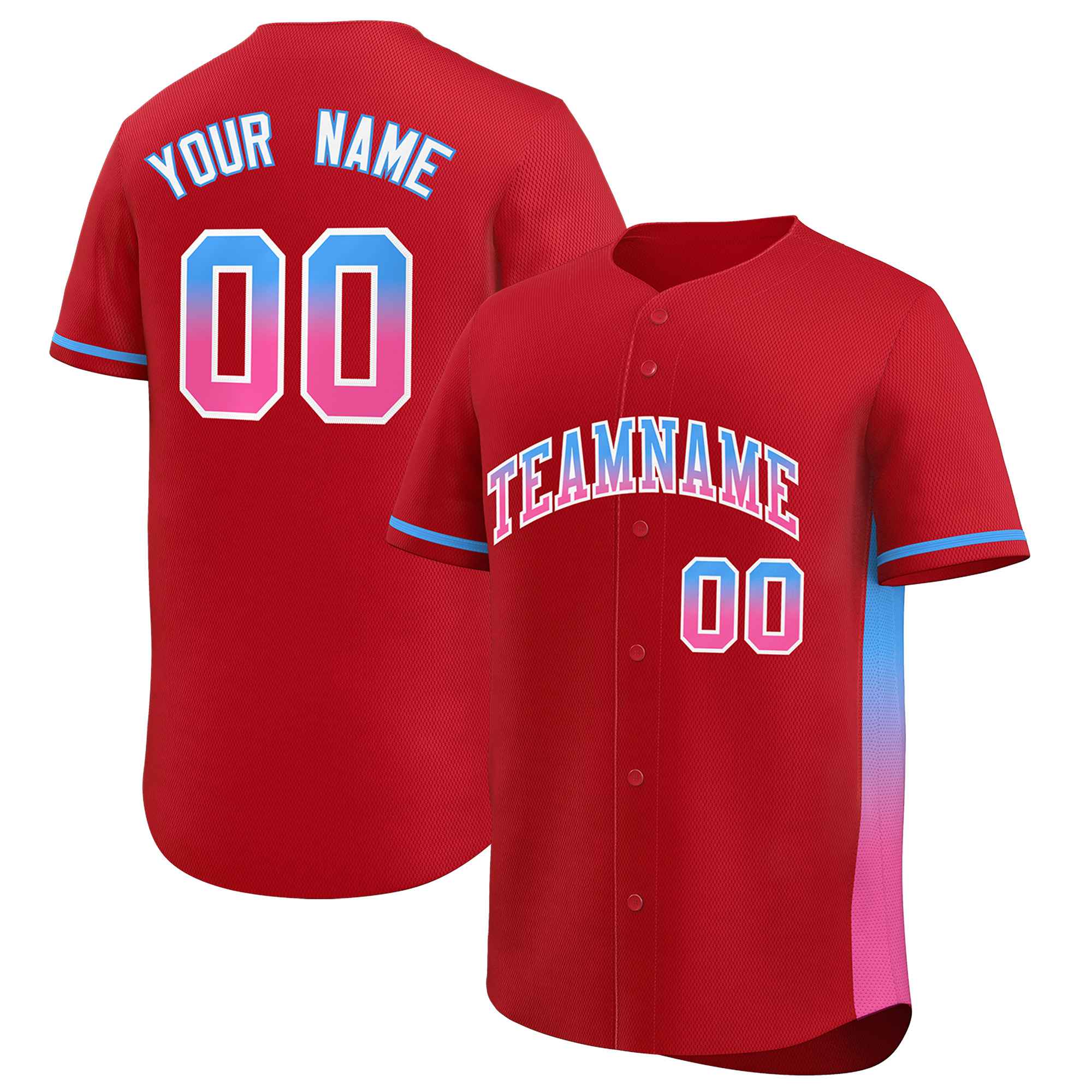 Custom Red Powder Blue-Pink Personalized Gradient Font And Side Design Authentic Baseball Jersey