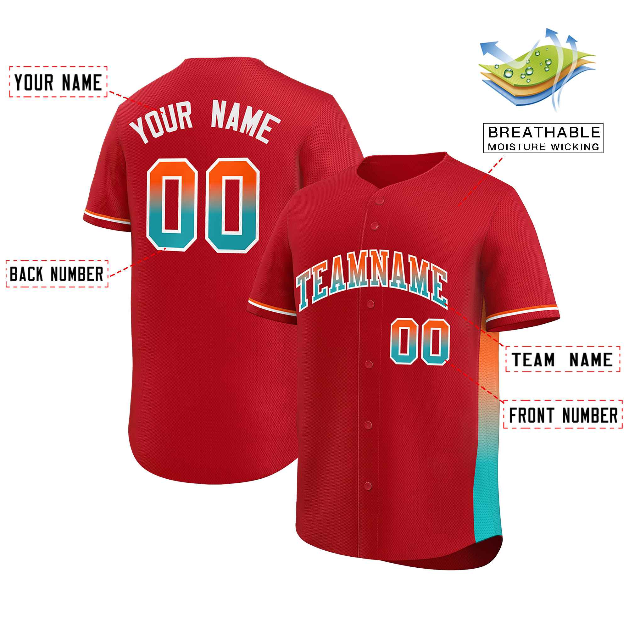 Custom Red Orange-Aqua Personalized Gradient Font And Side Design Authentic Baseball Jersey