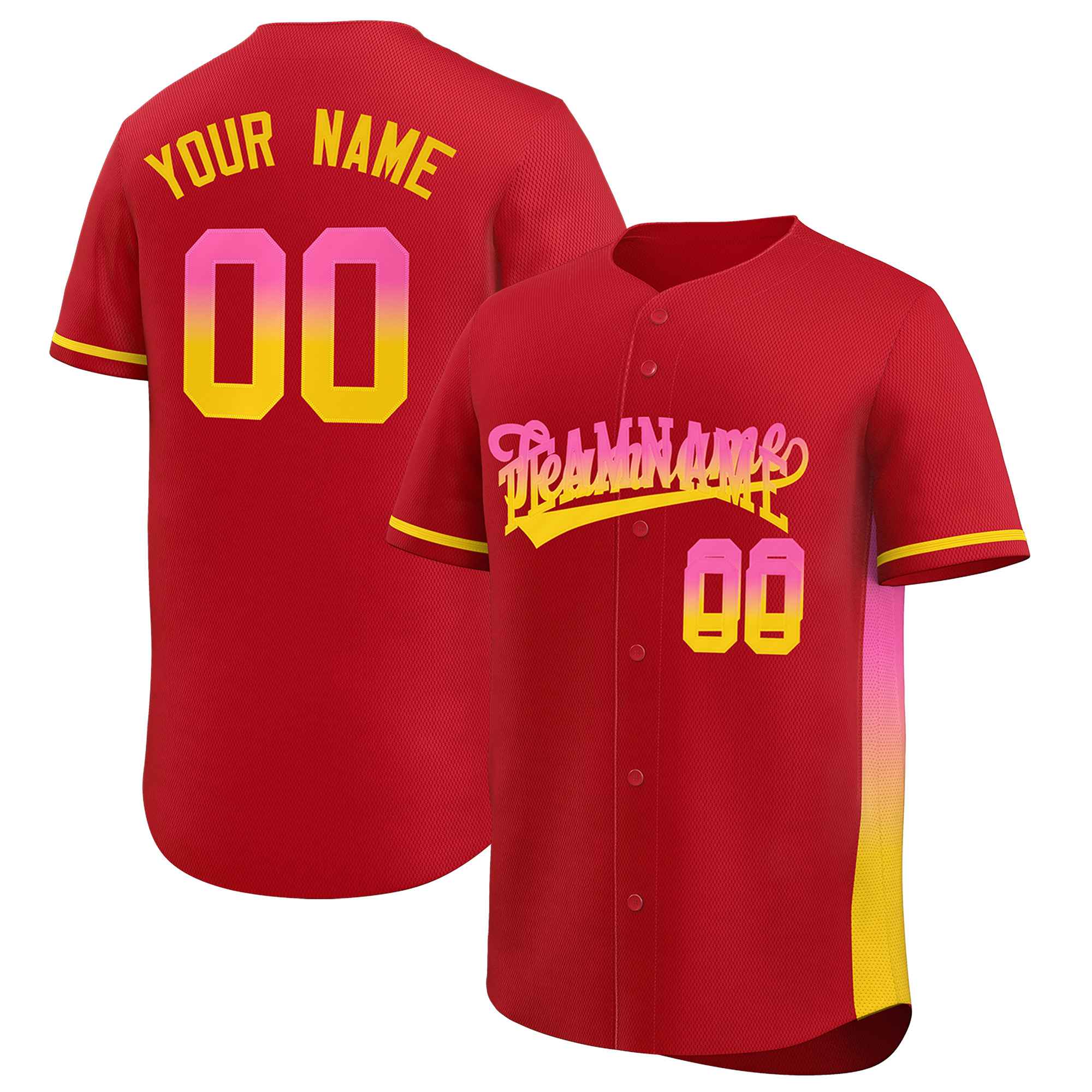 Custom Red Pink-Gold Personalized Gradient Font And Side Design Authentic Baseball Jersey