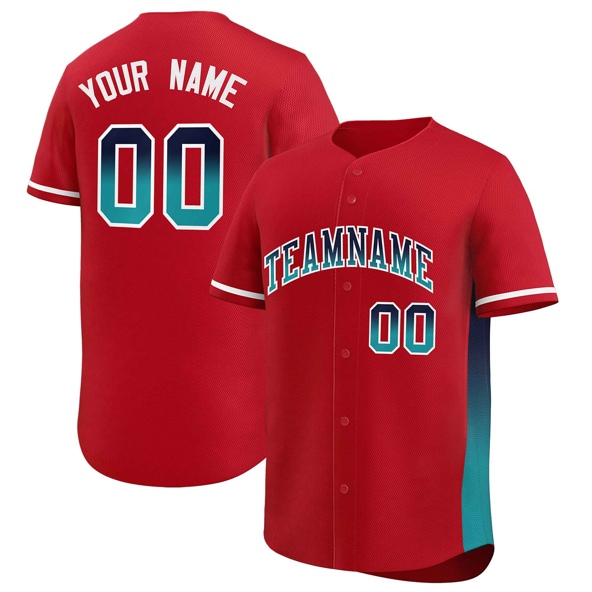 Custom Red Navy-Aqua Personalized Gradient Font And Side Design Authentic Baseball Jersey