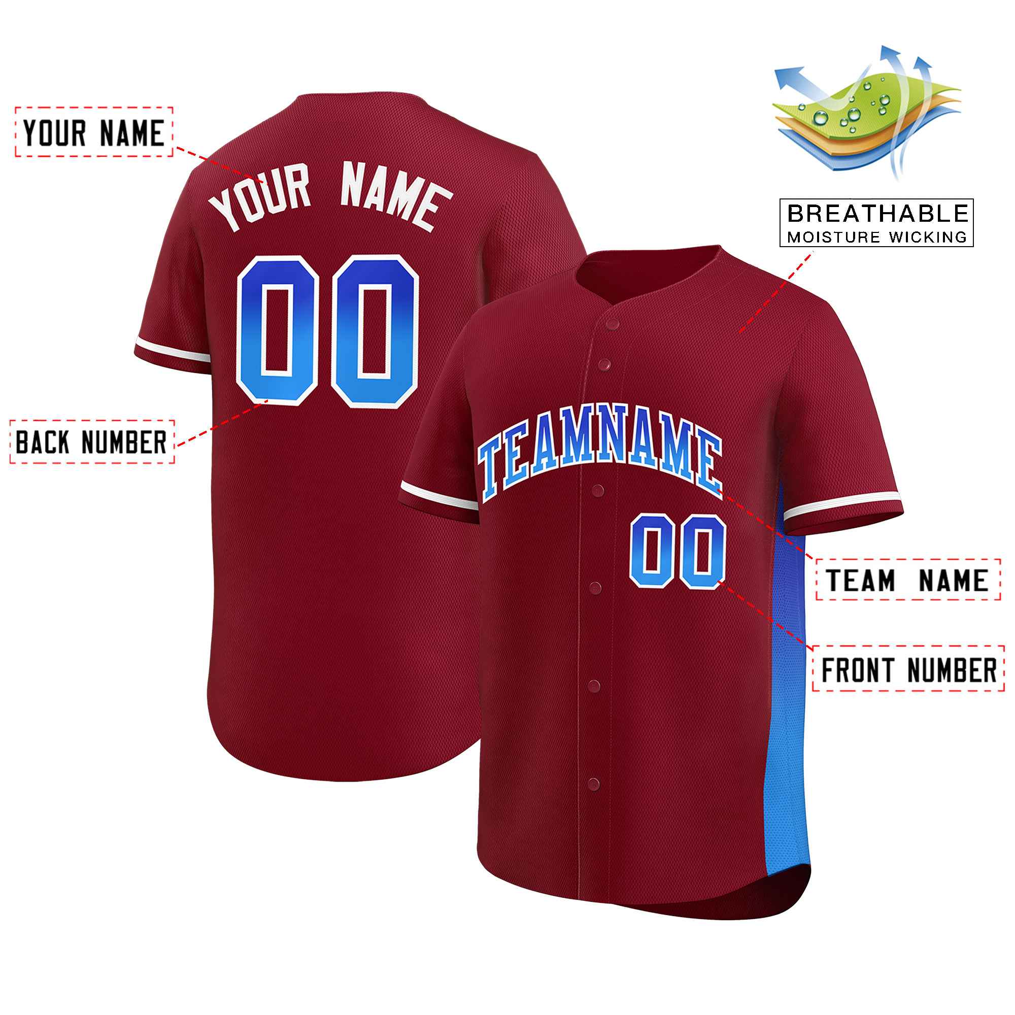 Custom Crimson Royal-Powder Blue Personalized Gradient Font And Side Design Authentic Baseball Jersey