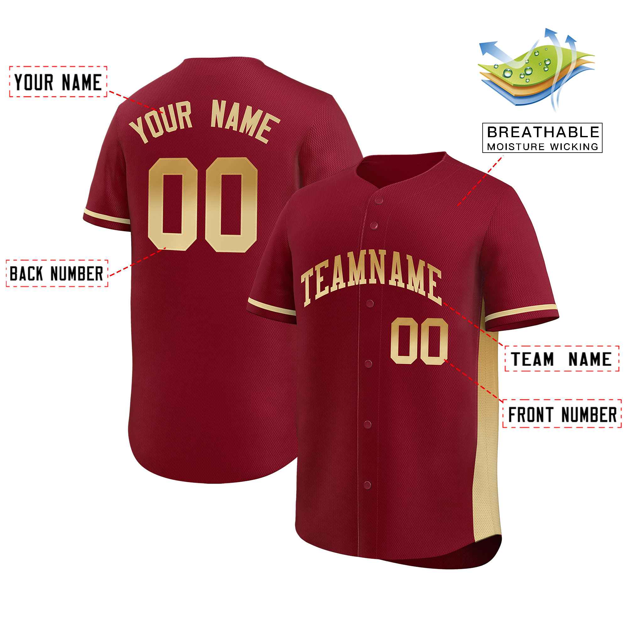 Custom Crimson Old Gold-Khaki Personalized Gradient Font And Side Design Authentic Baseball Jersey