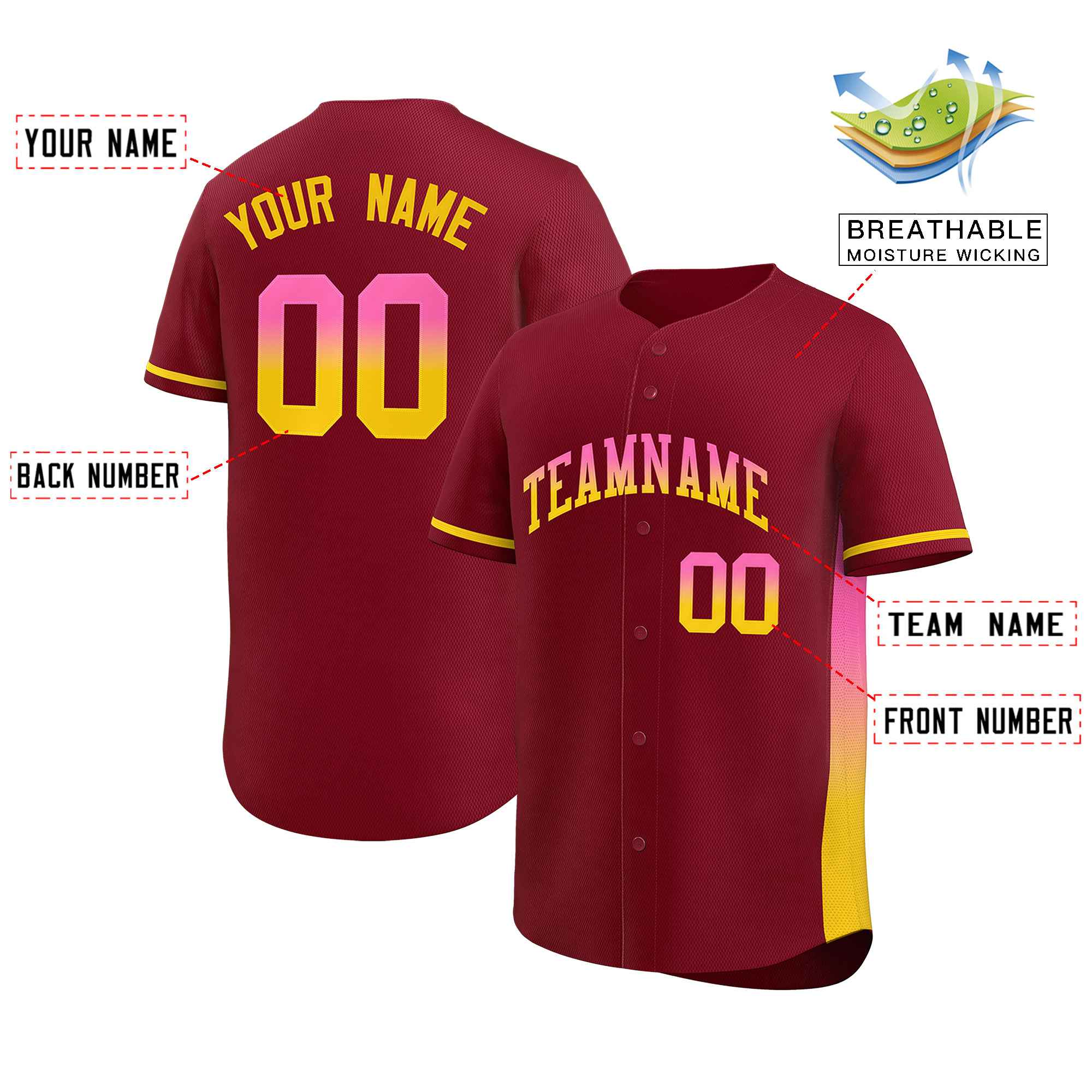 Custom Crimson Pink-Gold Personalized Gradient Font And Side Design Authentic Baseball Jersey