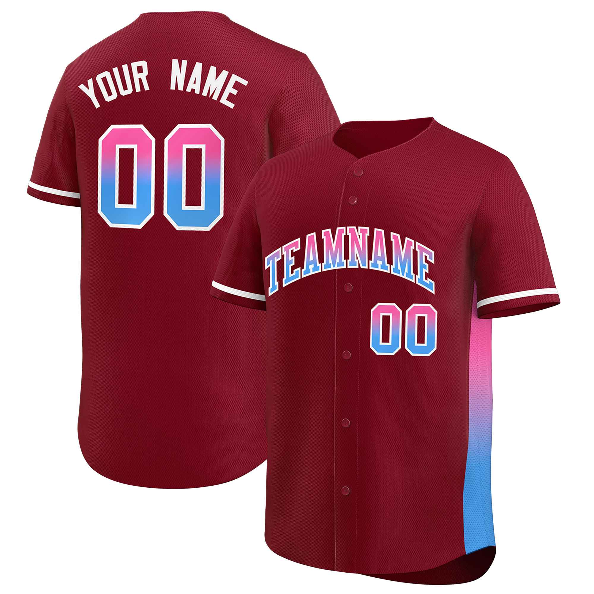 Custom Crimson Pink-Powder Blue Personalized Gradient Font And Side Design Authentic Baseball Jersey