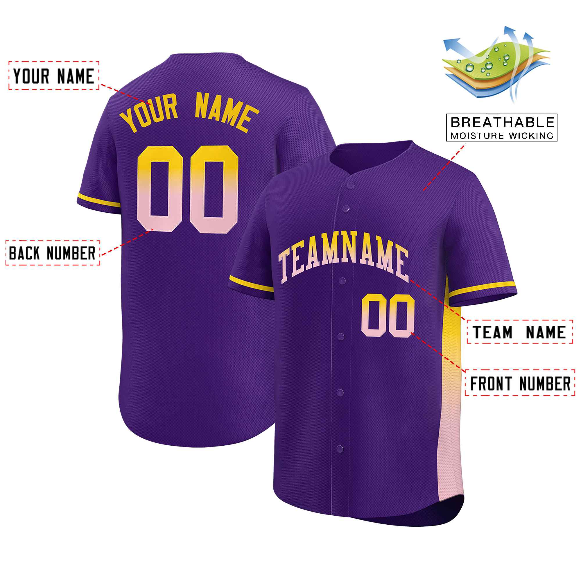 Custom Purple Gold-Lt Pink Personalized Gradient Font And Side Design Authentic Baseball Jersey