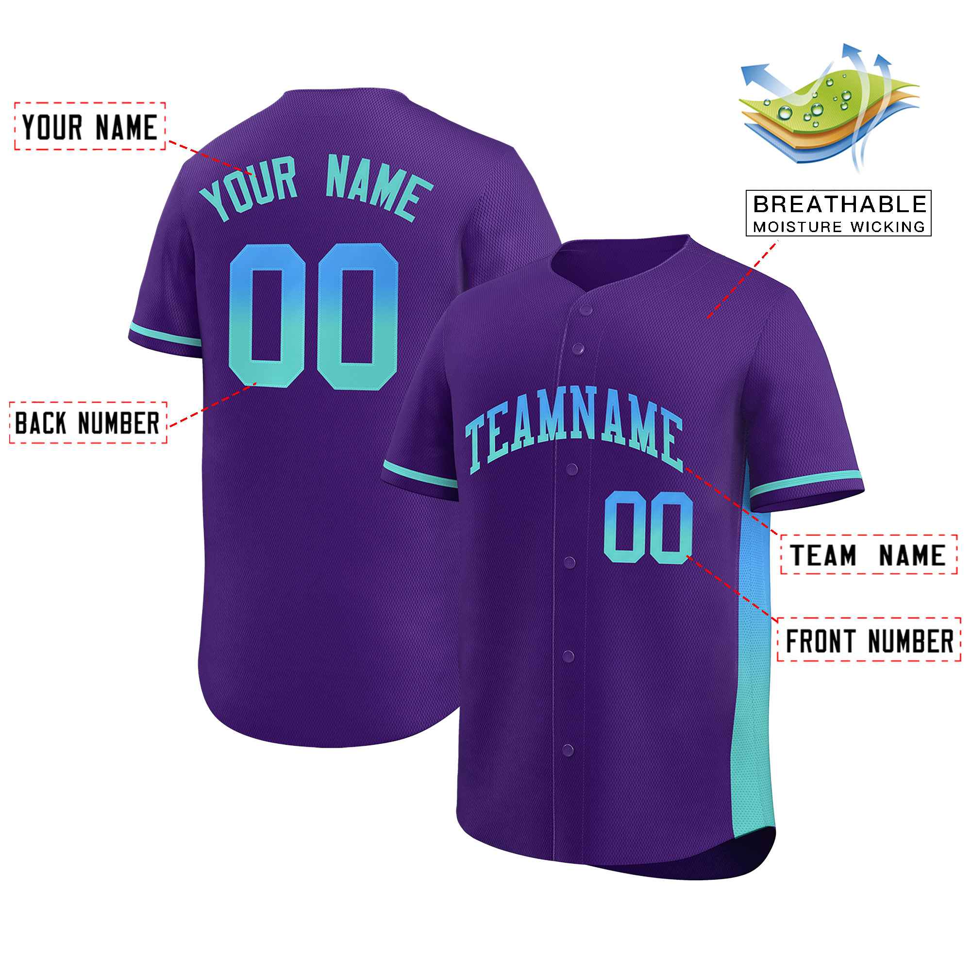 Custom Purple Powder Blue-Lt Green Personalized Gradient Font And Side Design Authentic Baseball Jersey