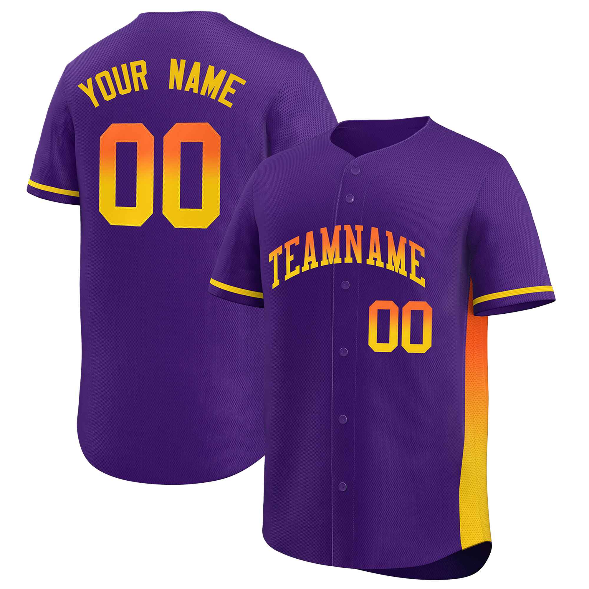 Custom Purple Orange-Gold Personalized Gradient Font And Side Design Authentic Baseball Jersey