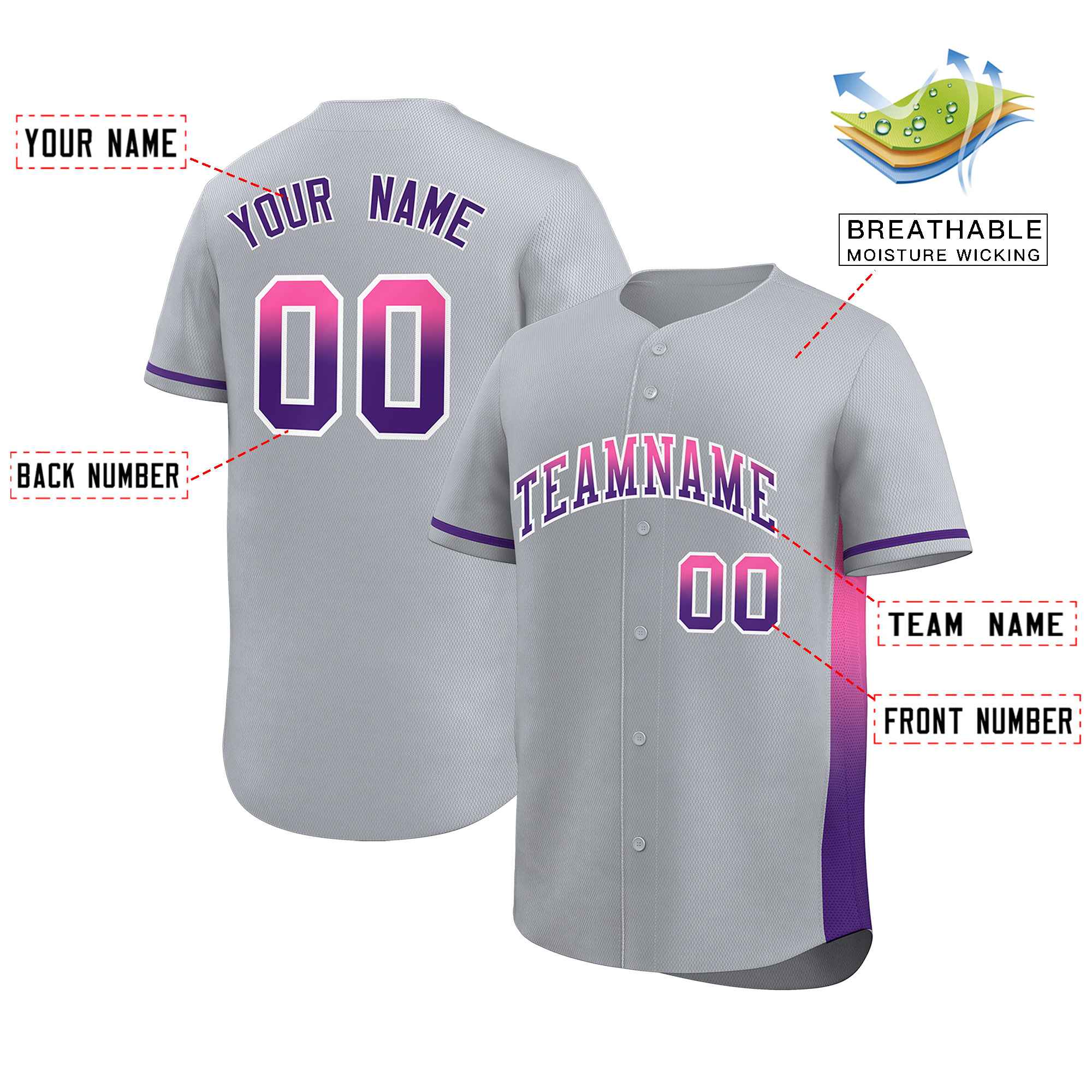 Custom Light Gray Pink-Purple Personalized Gradient Font And Side Design Authentic Baseball Jersey