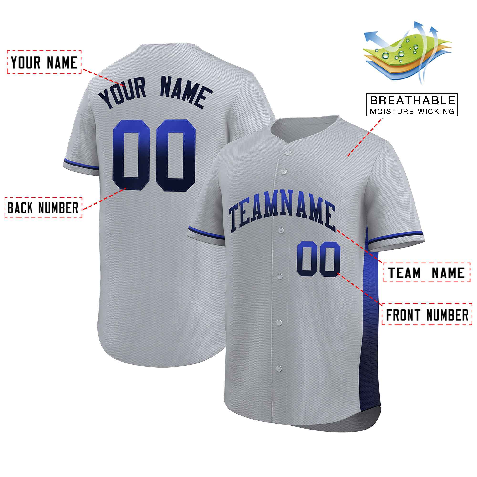 Custom Light Gray Royal-Navy Personalized Gradient Font And Side Design Authentic Baseball Jersey