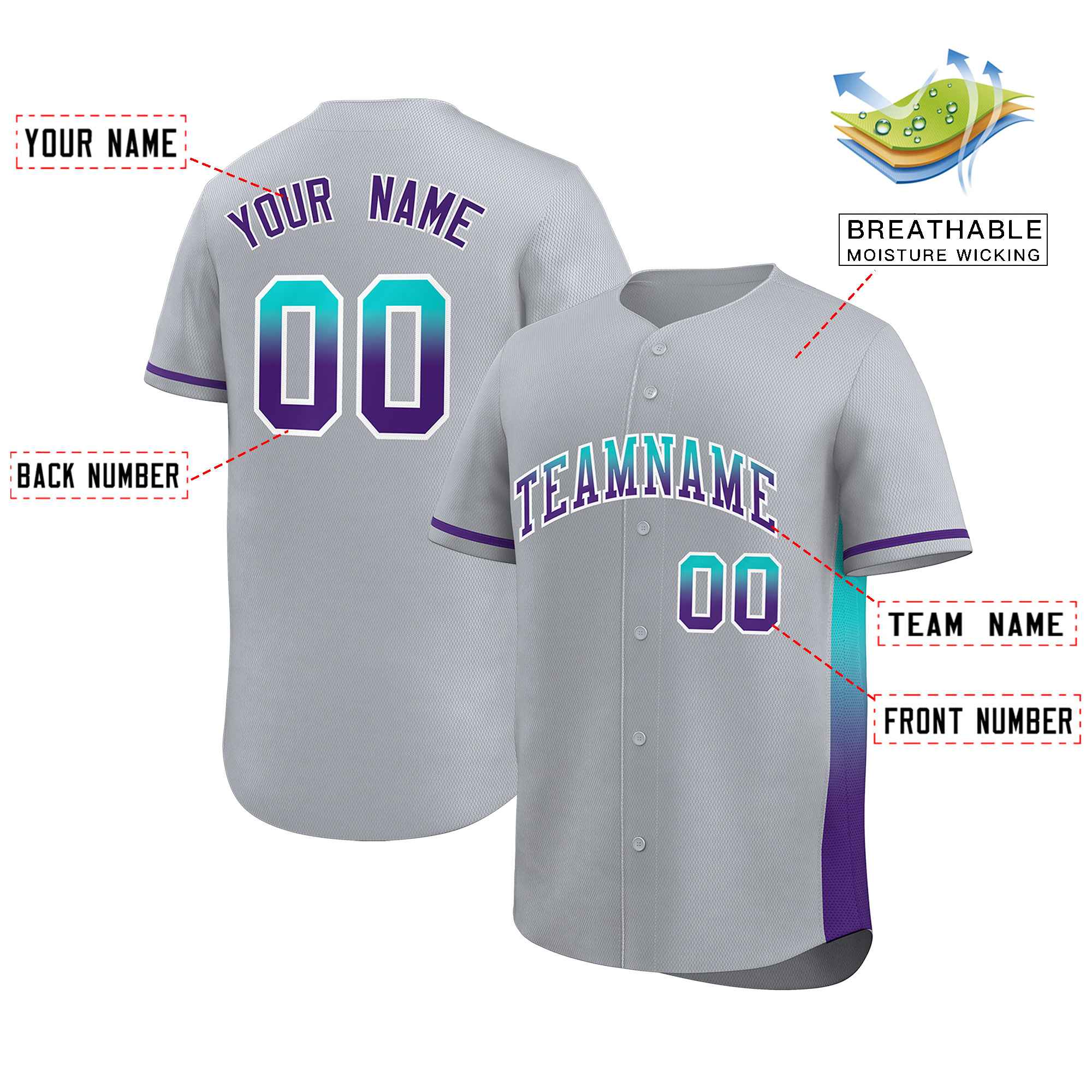 Custom Light Gray Aqua-Purple Personalized Gradient Font And Side Design Authentic Baseball Jersey