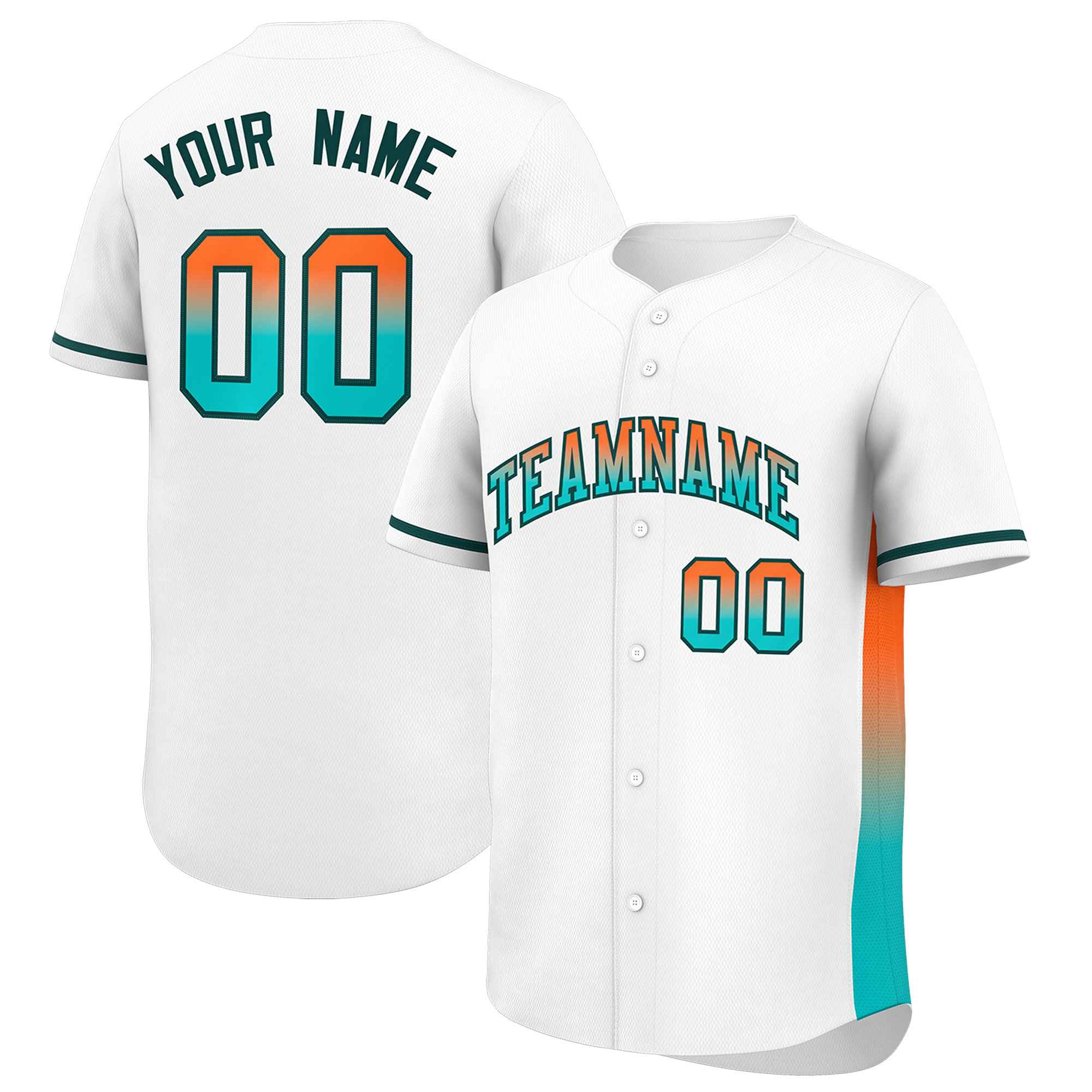 Custom White Orange-Aqua Personalized Gradient Font And Side Design Authentic Baseball Jersey