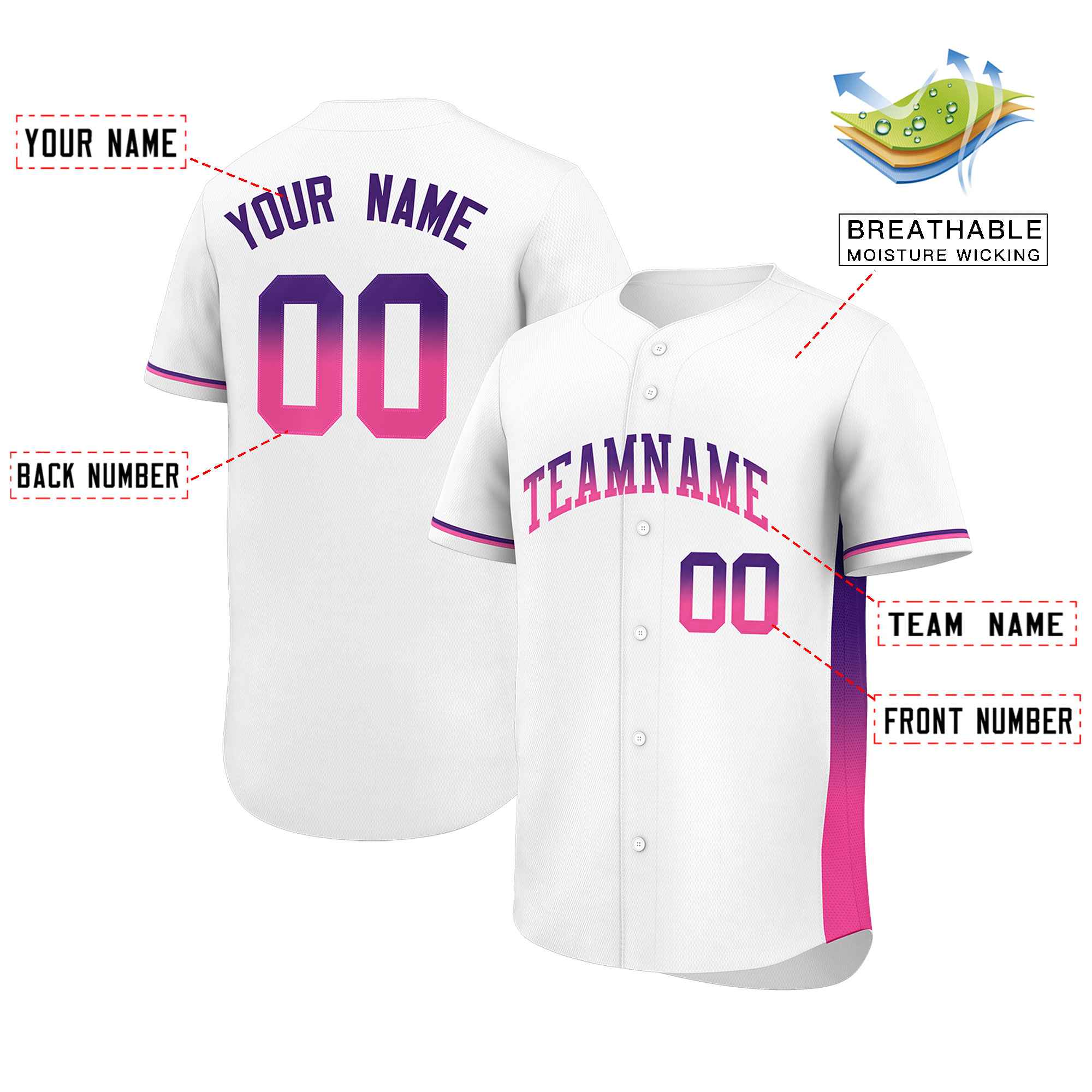 Custom White Purple-Pink Personalized Gradient Font And Side Design Authentic Baseball Jersey