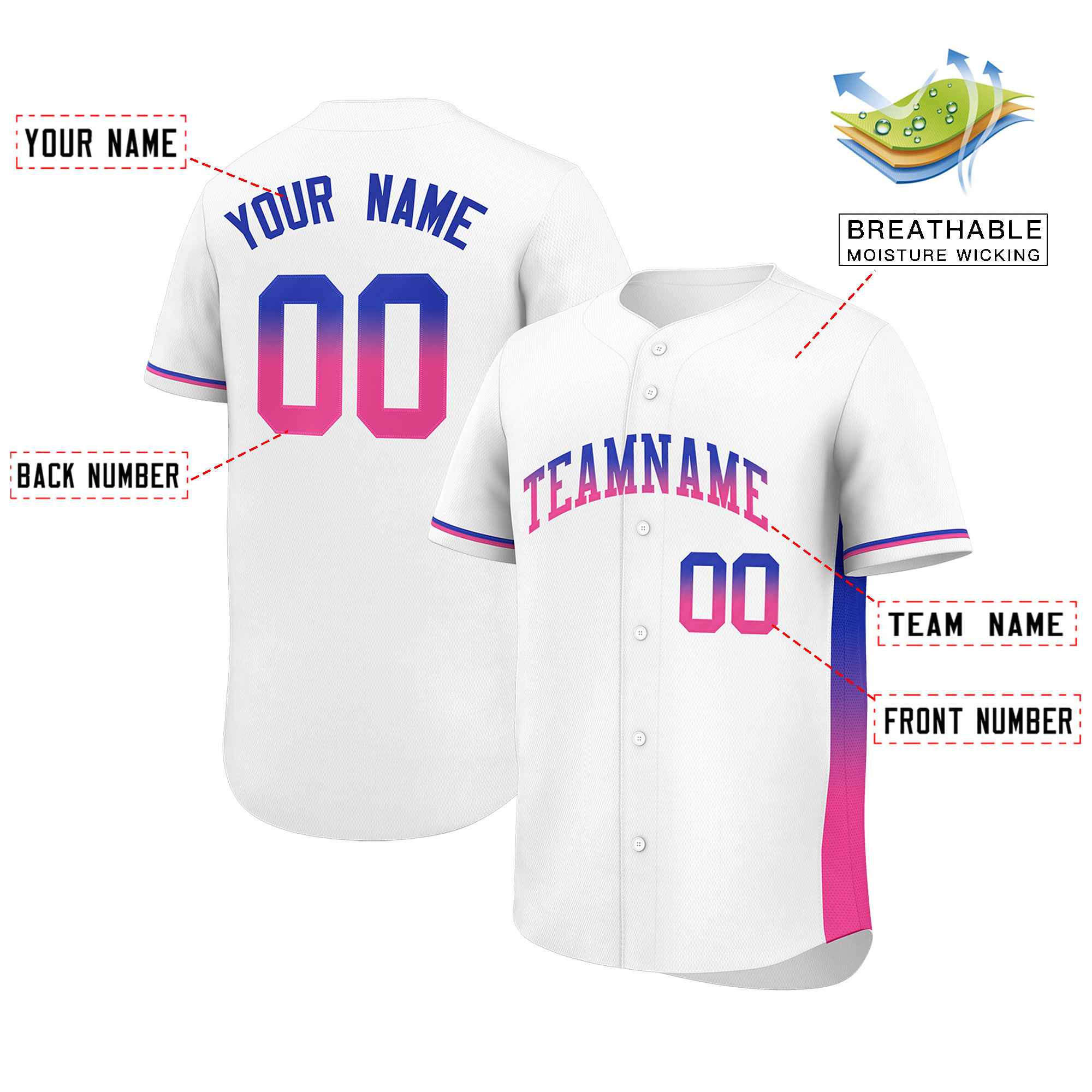 Custom White Royal-Pink Personalized Gradient Font And Side Design Authentic Baseball Jersey