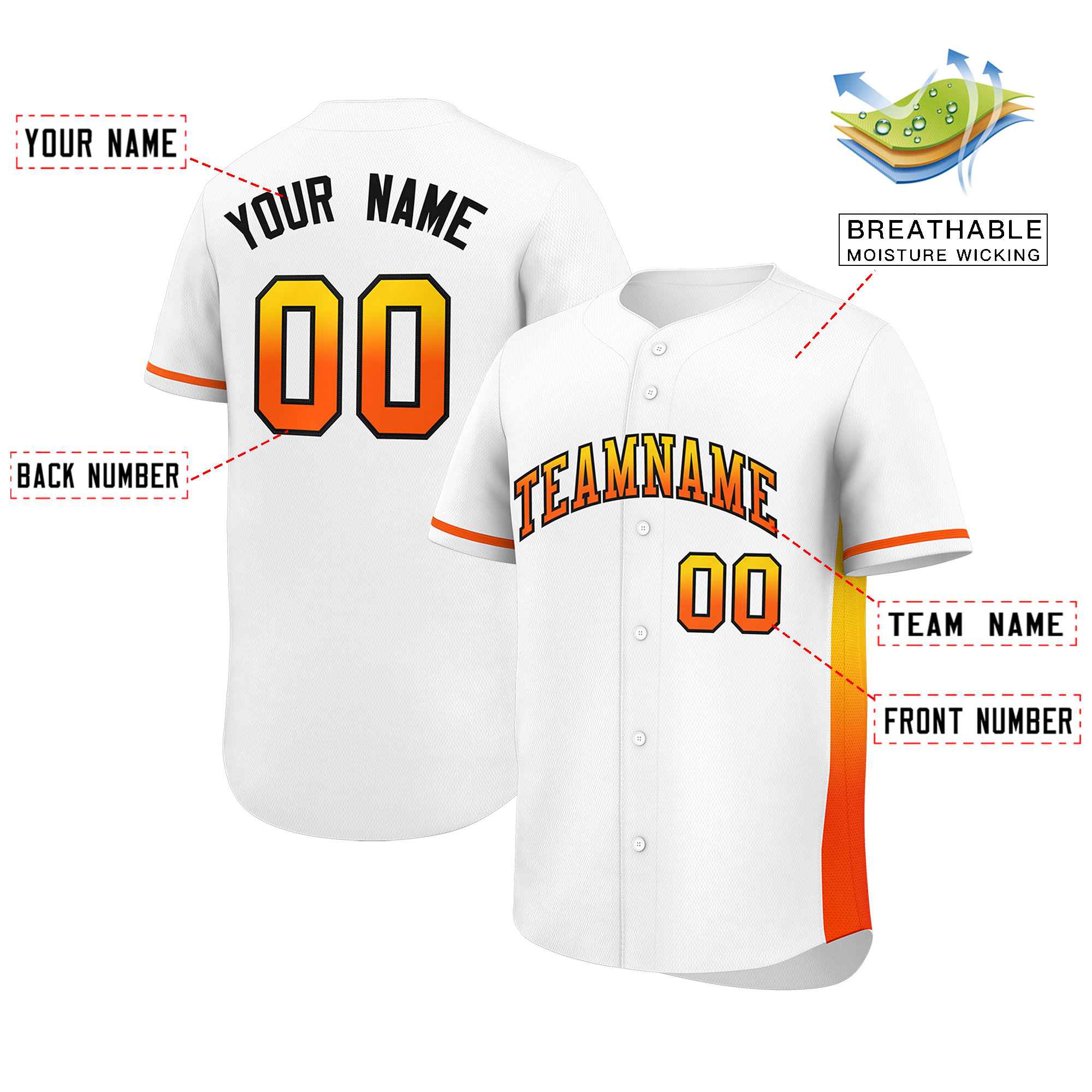 Custom White Gold-Orange Personalized Gradient Font And Side Design Authentic Baseball Jersey