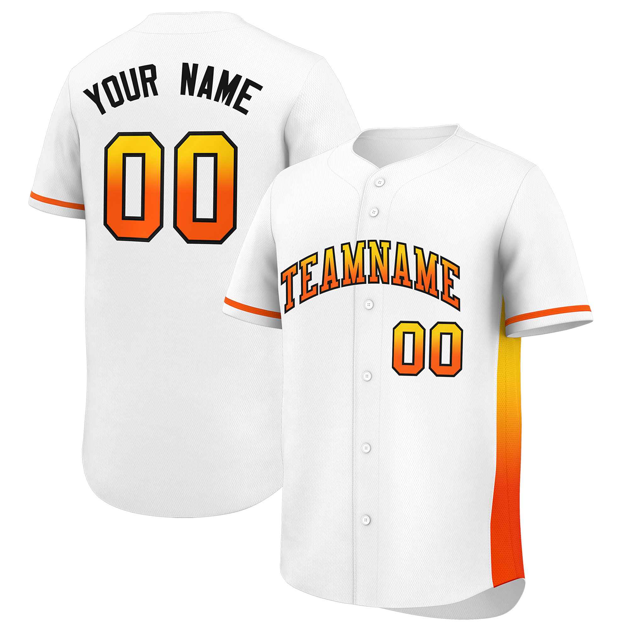 Custom White Gold-Orange Personalized Gradient Font And Side Design Authentic Baseball Jersey