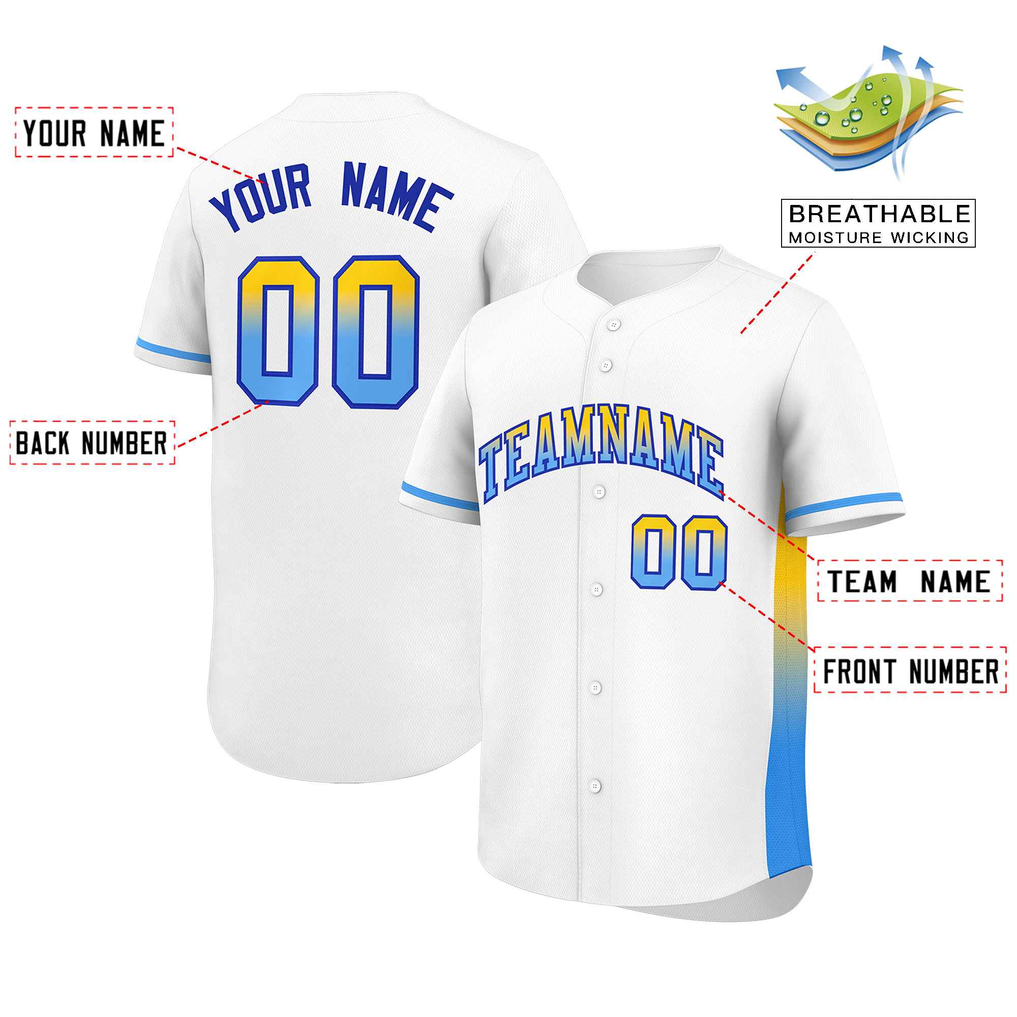 Custom White Gold-Powder Blue Personalized Gradient Font And Side Design Authentic Baseball Jersey