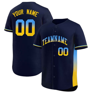 Custom Navy Powder Blue-Gold Personalized Gradient Font And Side Design Authentic Baseball Jersey