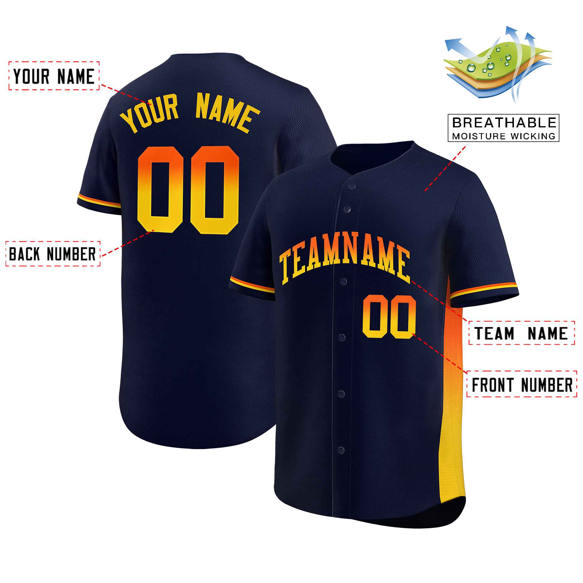 Custom Navy Orange-Gold Personalized Gradient Font And Side Design Authentic Baseball Jersey