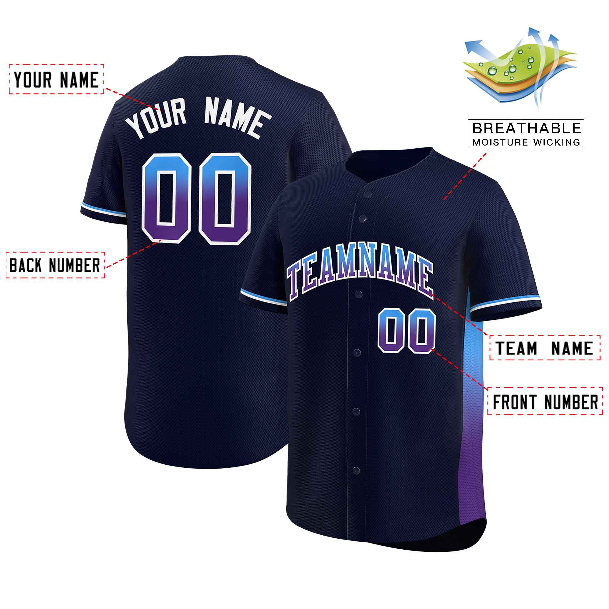 Custom Navy Powder Blue-Purple Personalized Gradient Font And Side Design Authentic Baseball Jersey