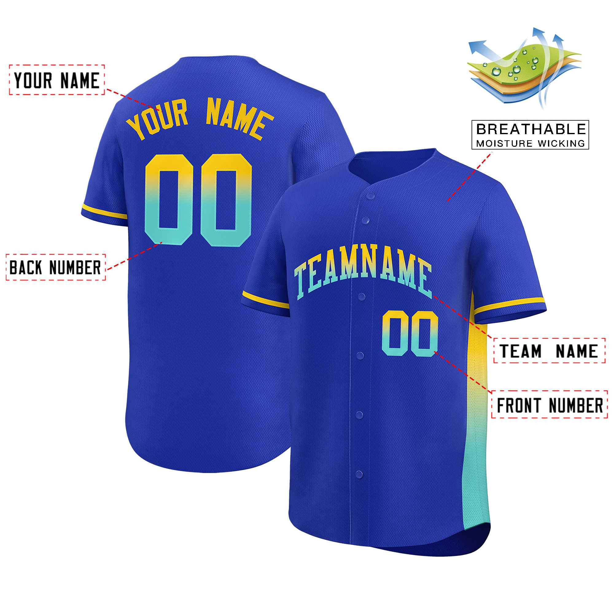 Custom Royal Gold-Lt Green Personalized Gradient Font And Side Design Authentic Baseball Jersey