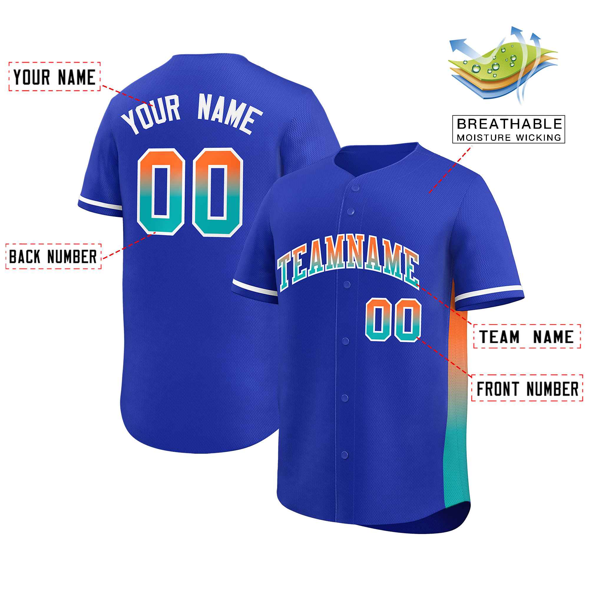 Custom Royal Orange-Aqua Personalized Gradient Font And Side Design Authentic Baseball Jersey