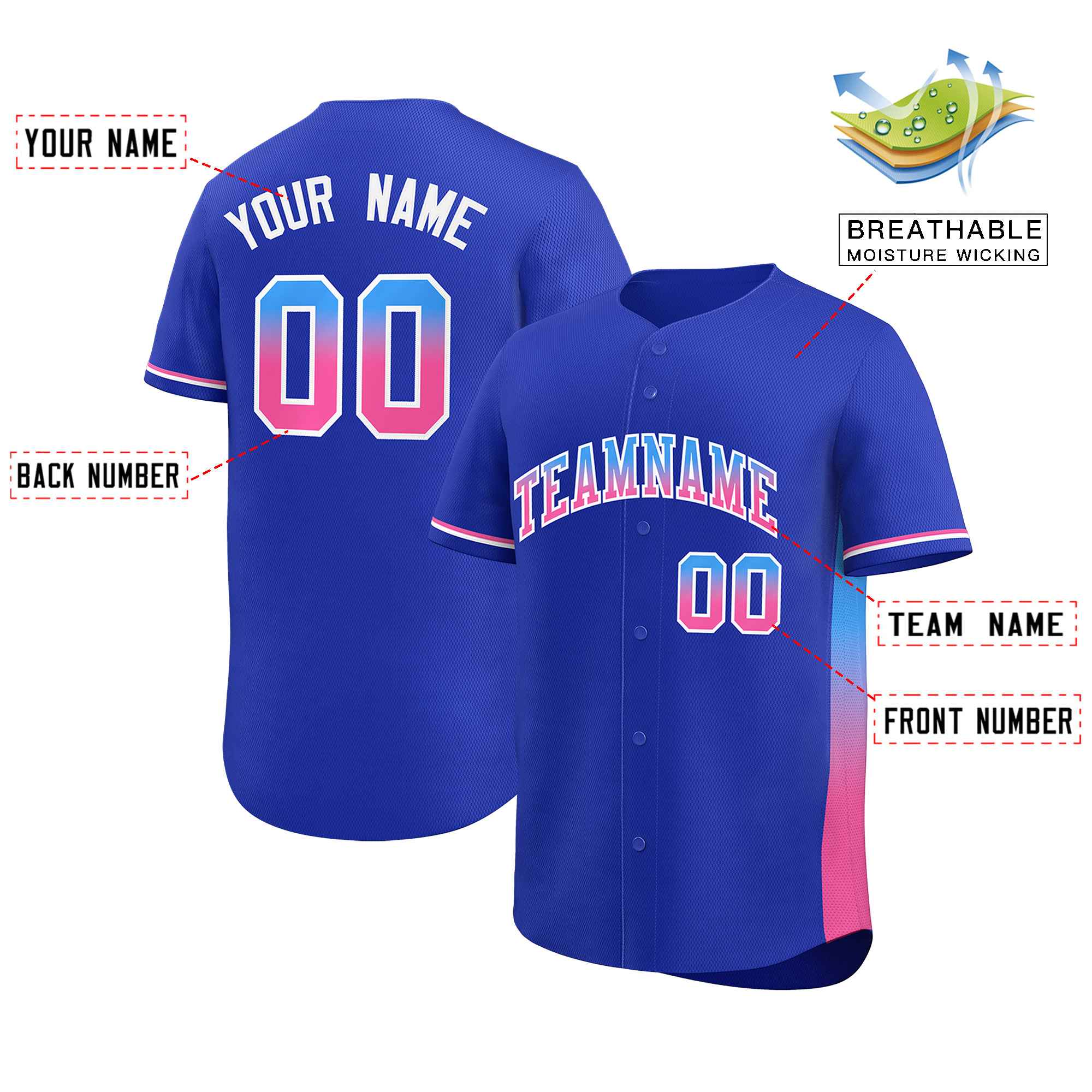 Custom Royal Powder Blue-Pink Personalized Gradient Font And Side Design Authentic Baseball Jersey