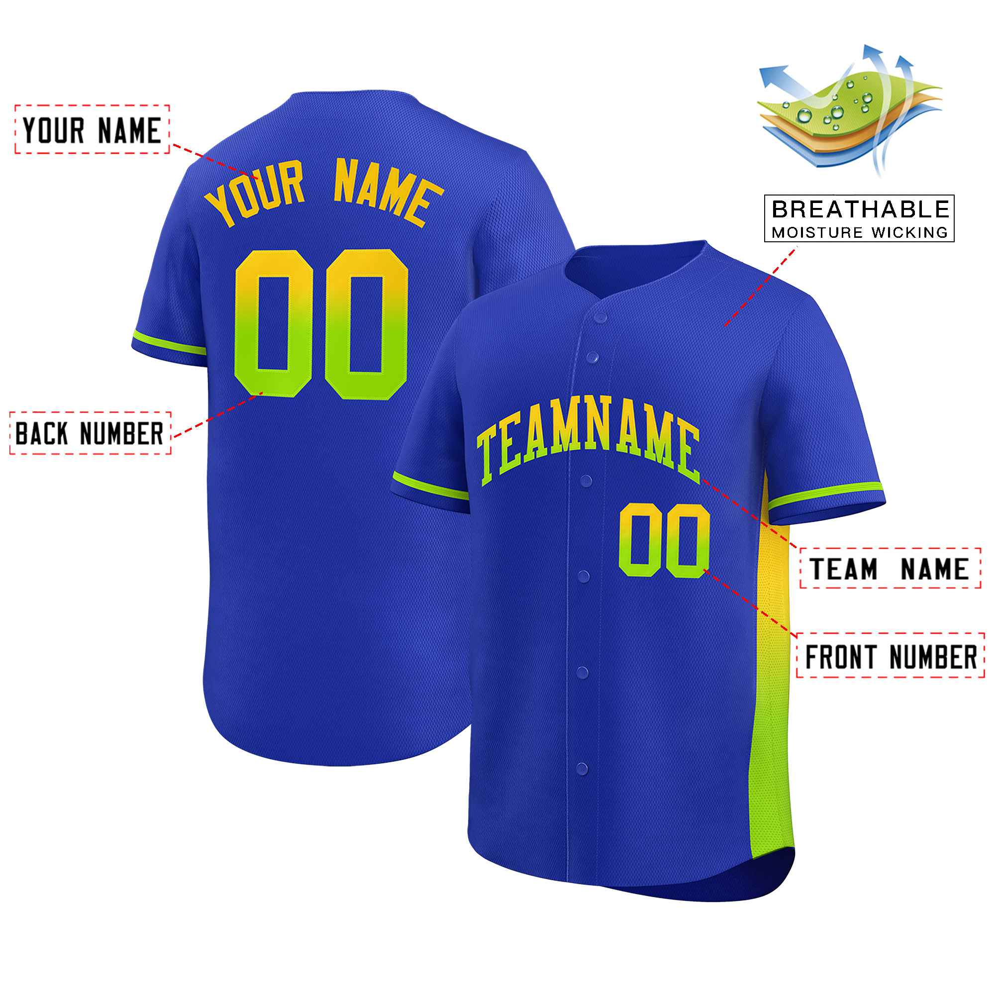 Custom Royal Gold-Neon Green Personalized Gradient Font And Side Design Authentic Baseball Jersey