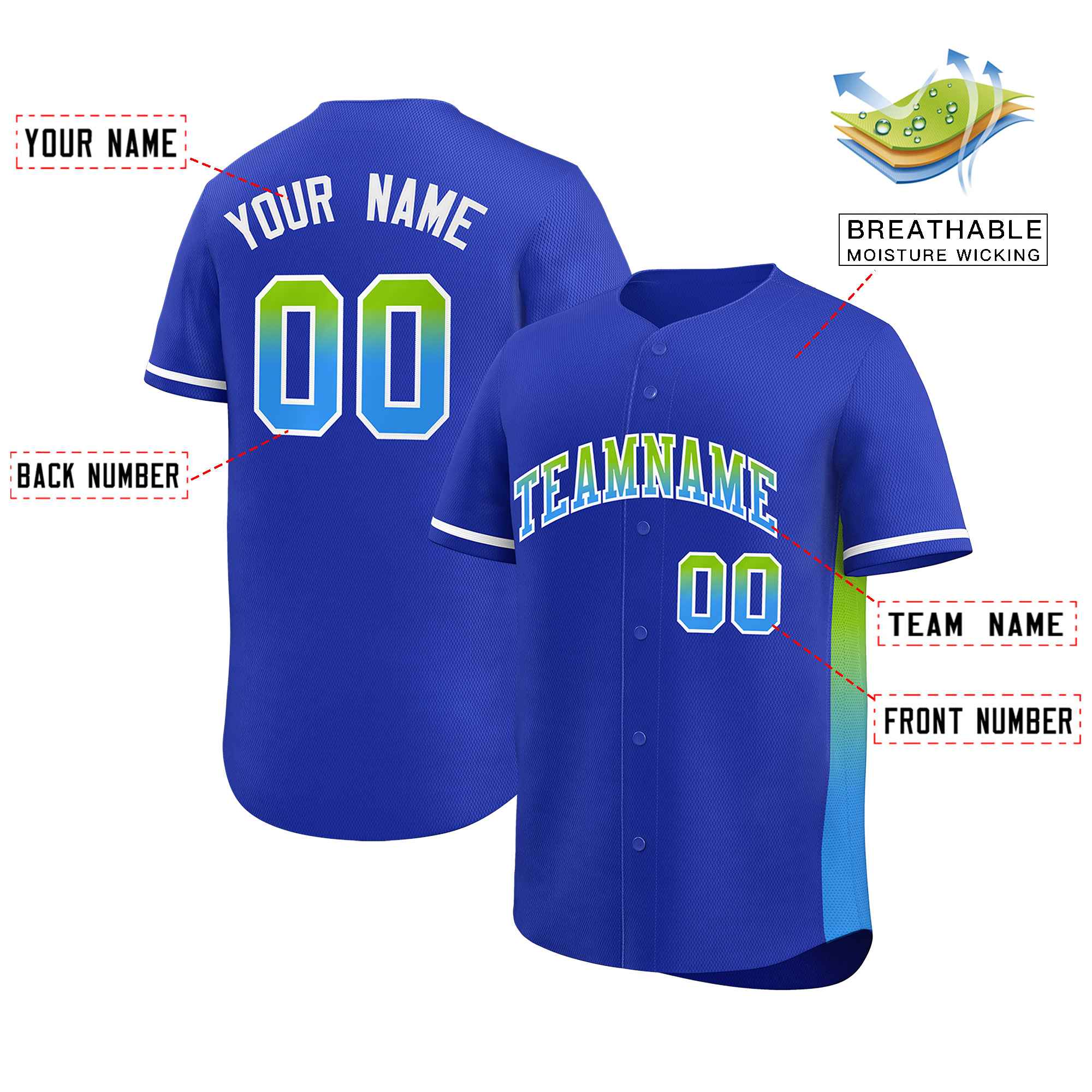 Custom Royal Neon Green-Powder Blue Personalized Gradient Font And Side Design Authentic Baseball Jersey