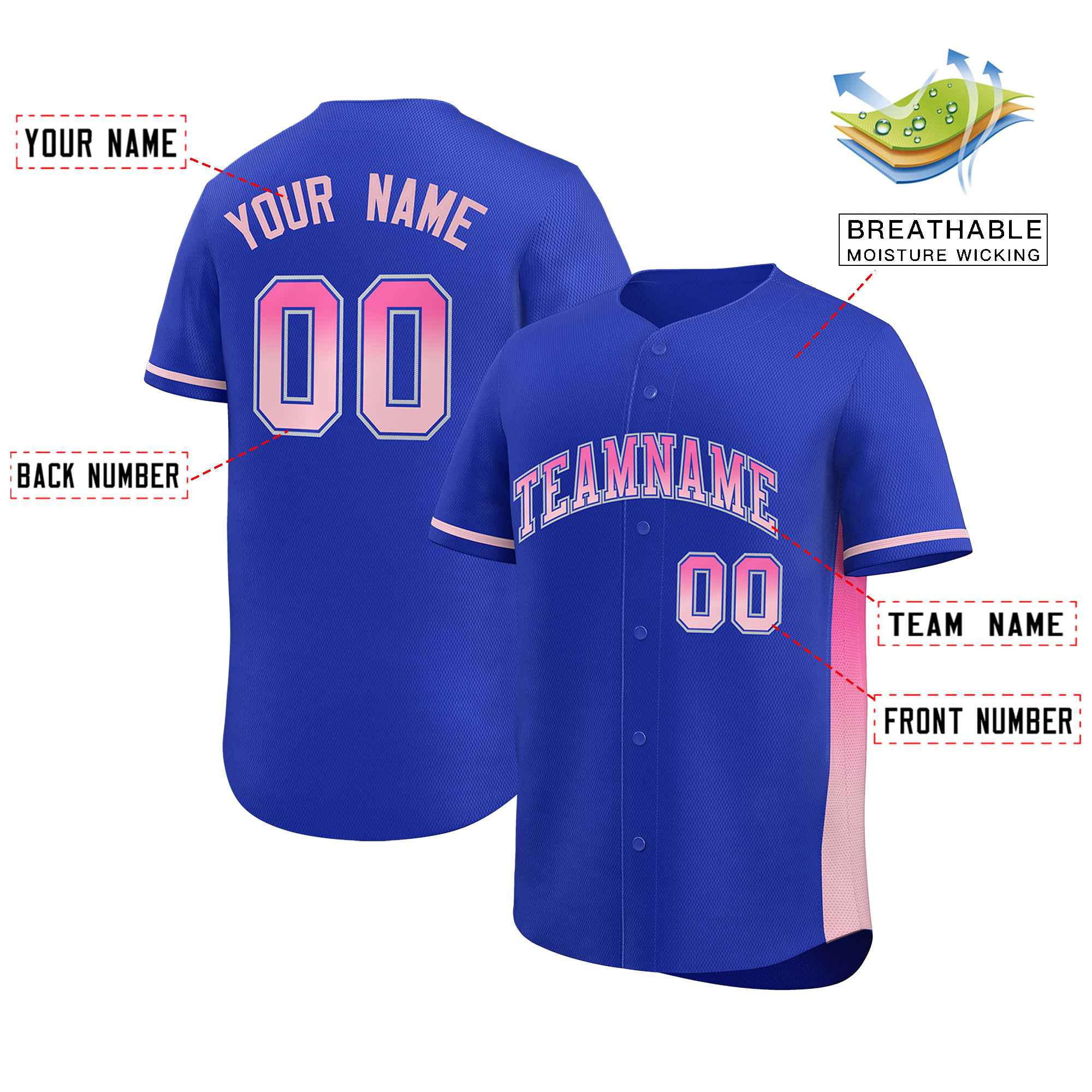 Custom Royal Pink-Lt Pink Personalized Gradient Font And Side Design Authentic Baseball Jersey