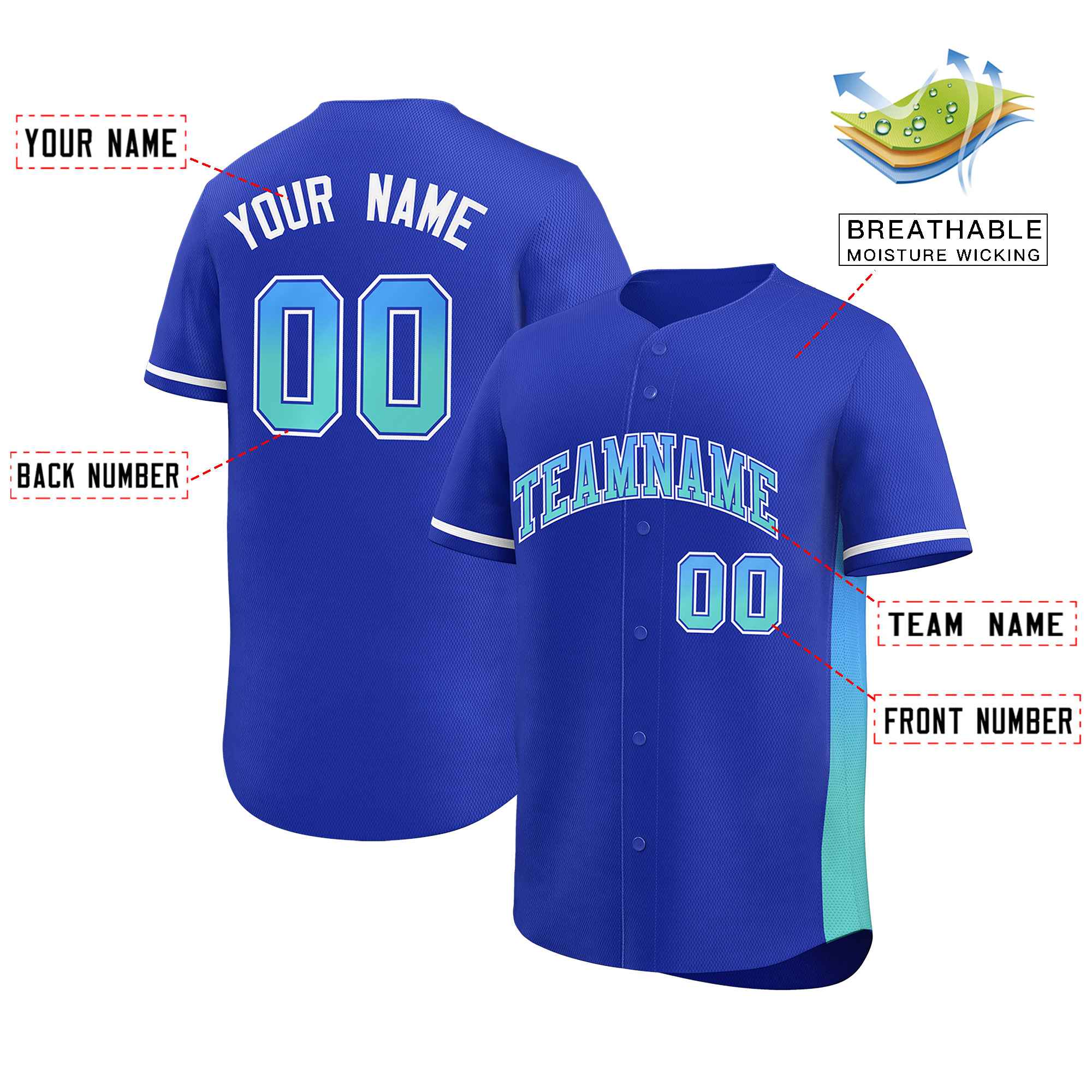 Custom Royal Powder Blue-Light Green Personalized Gradient Font And Side Design Authentic Baseball Jersey