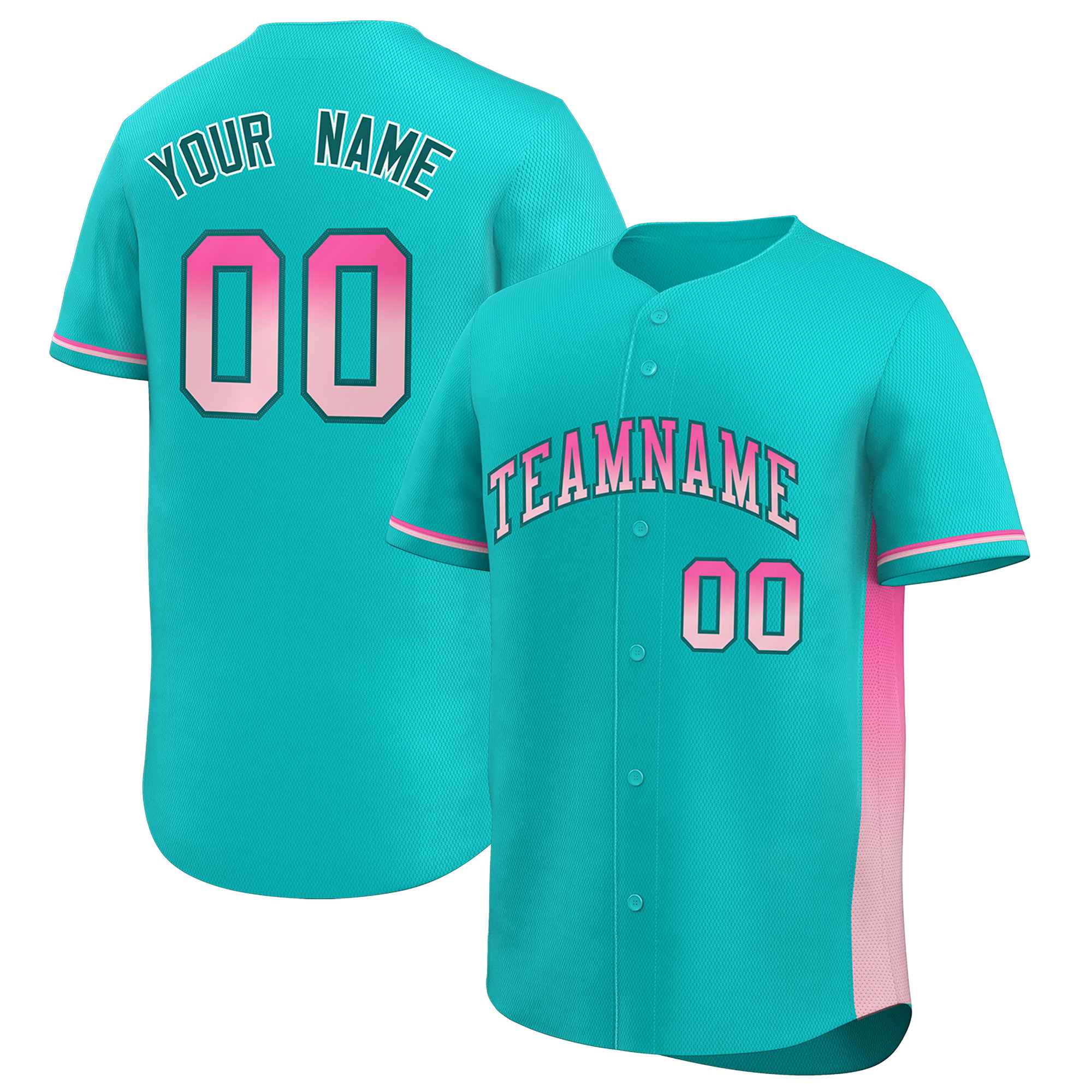 Custom Aqua Pink-Lt Pink Personalized Gradient Font And Side Design Authentic Baseball Jersey