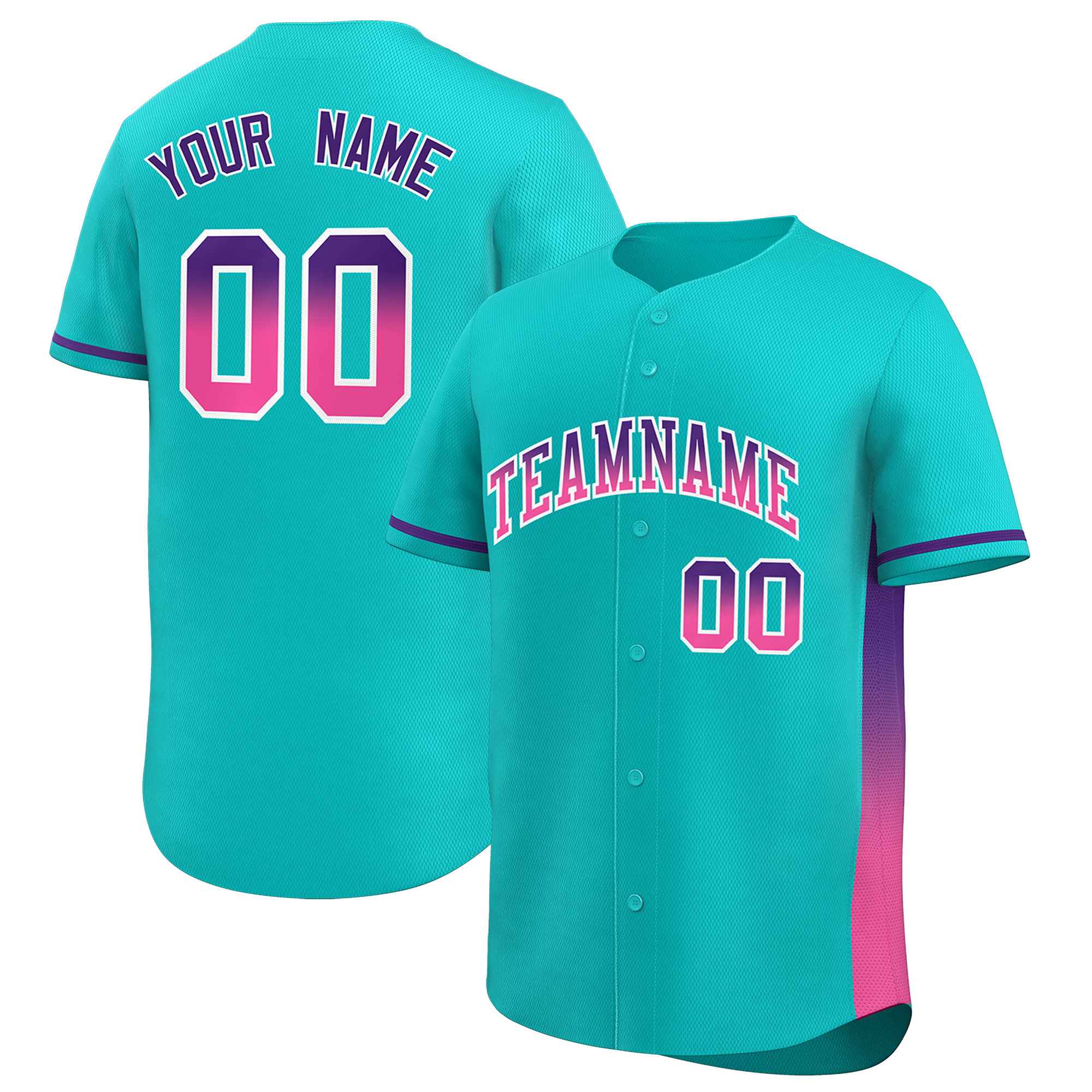 Custom Aqua Purple-Pink Personalized Gradient Font And Side Design Authentic Baseball Jersey