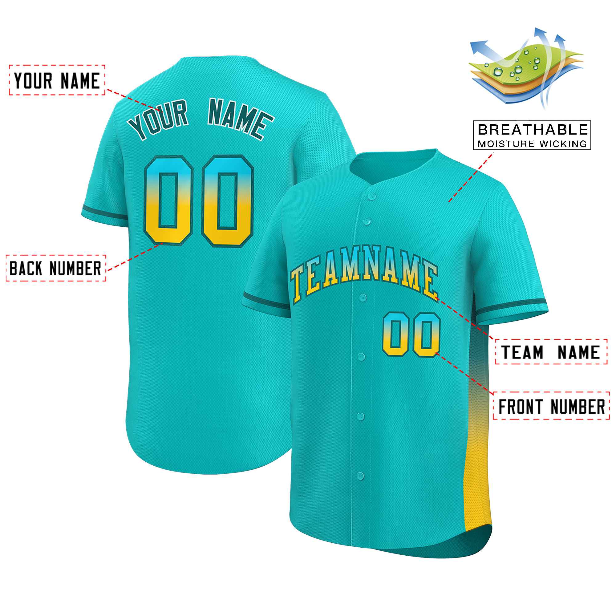 Custom Aqua Aqua-Gold Personalized Gradient Font And Side Design Authentic Baseball Jersey