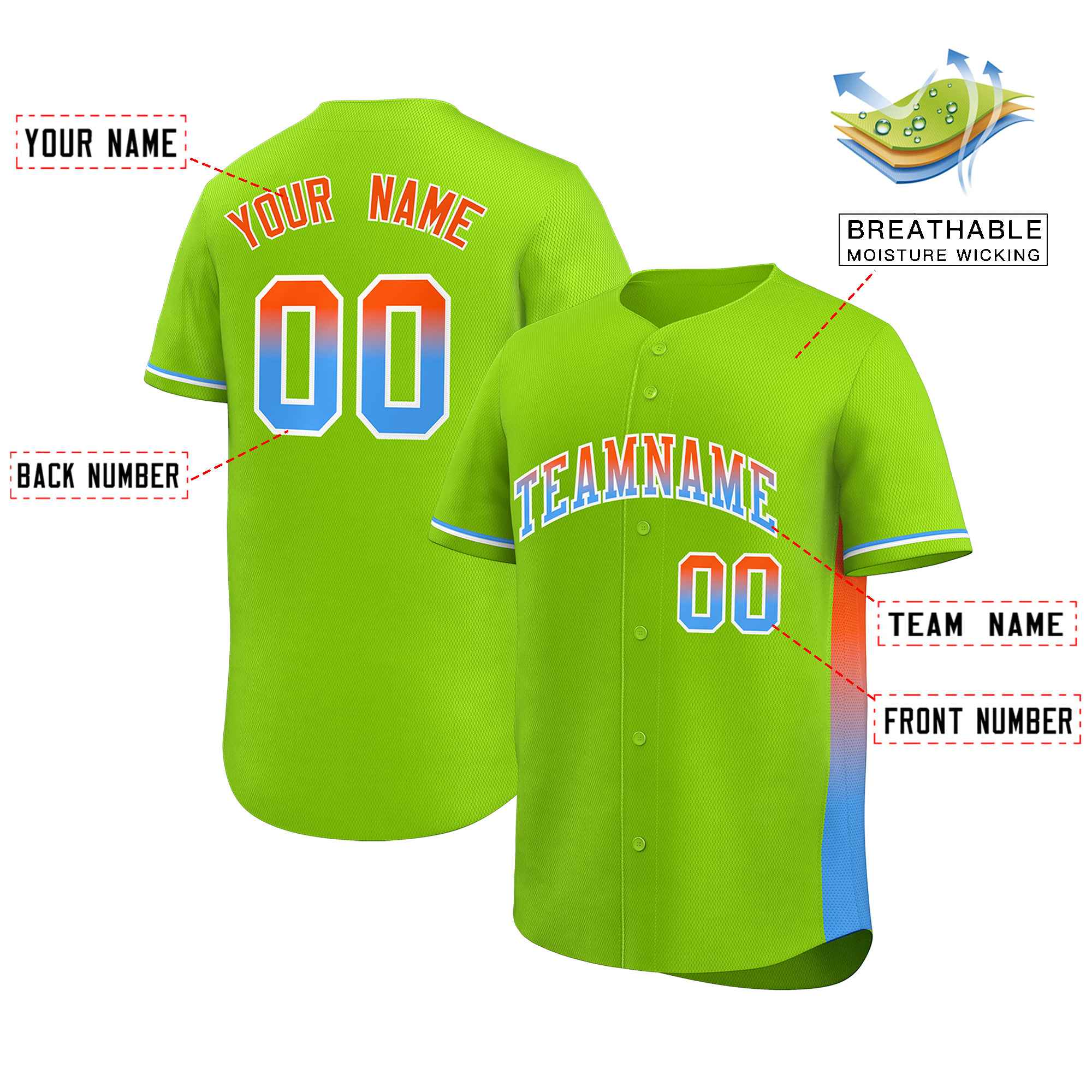 Custom Neon Green Orange-Powder Blue Personalized Gradient Font And Side Design Authentic Baseball Jersey