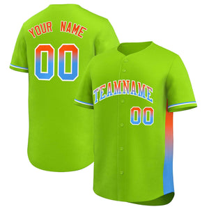 Custom Neon Green Orange-Powder Blue Personalized Gradient Font And Side Design Authentic Baseball Jersey