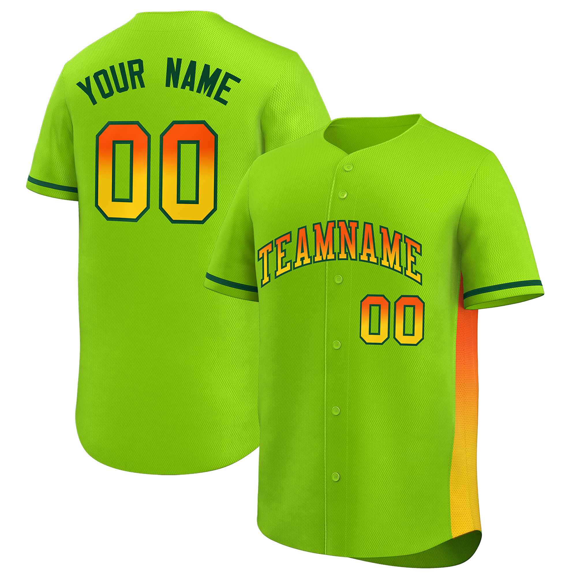 Custom Neon Green Orange-Gold Personalized Gradient Font And Side Design Authentic Baseball Jersey