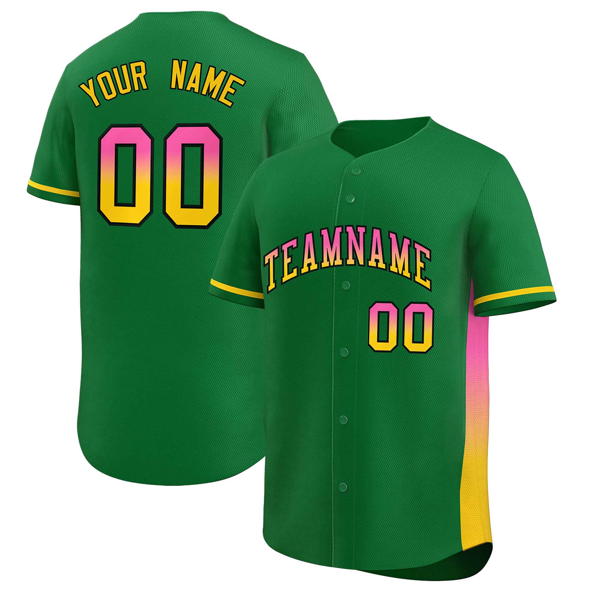 Custom Kelly Green Pink-Gold Personalized Gradient Font And Side Design Authentic Baseball Jersey