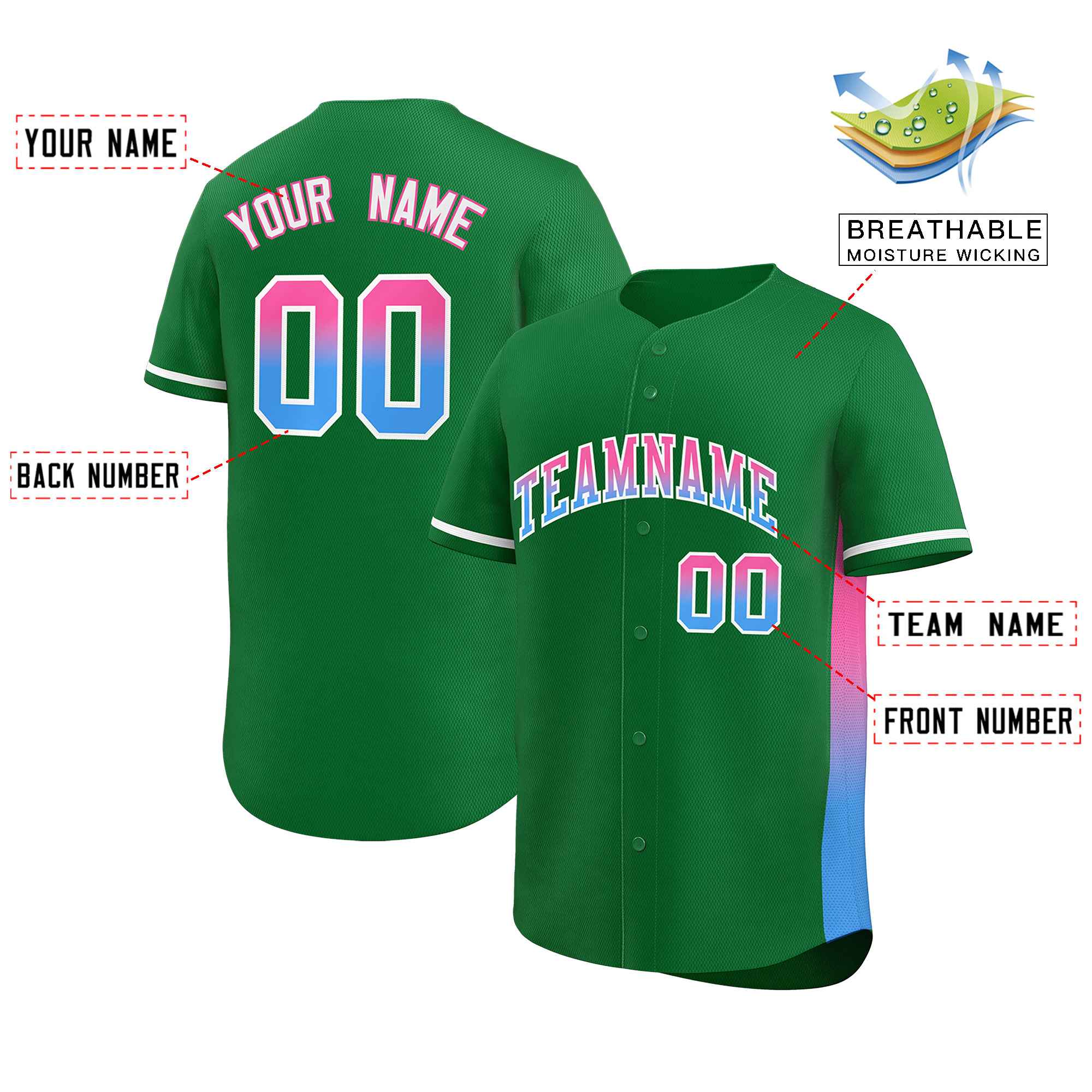 Custom Kelly Green Pink-Powder Blue Personalized Gradient Font And Side Design Authentic Baseball Jersey