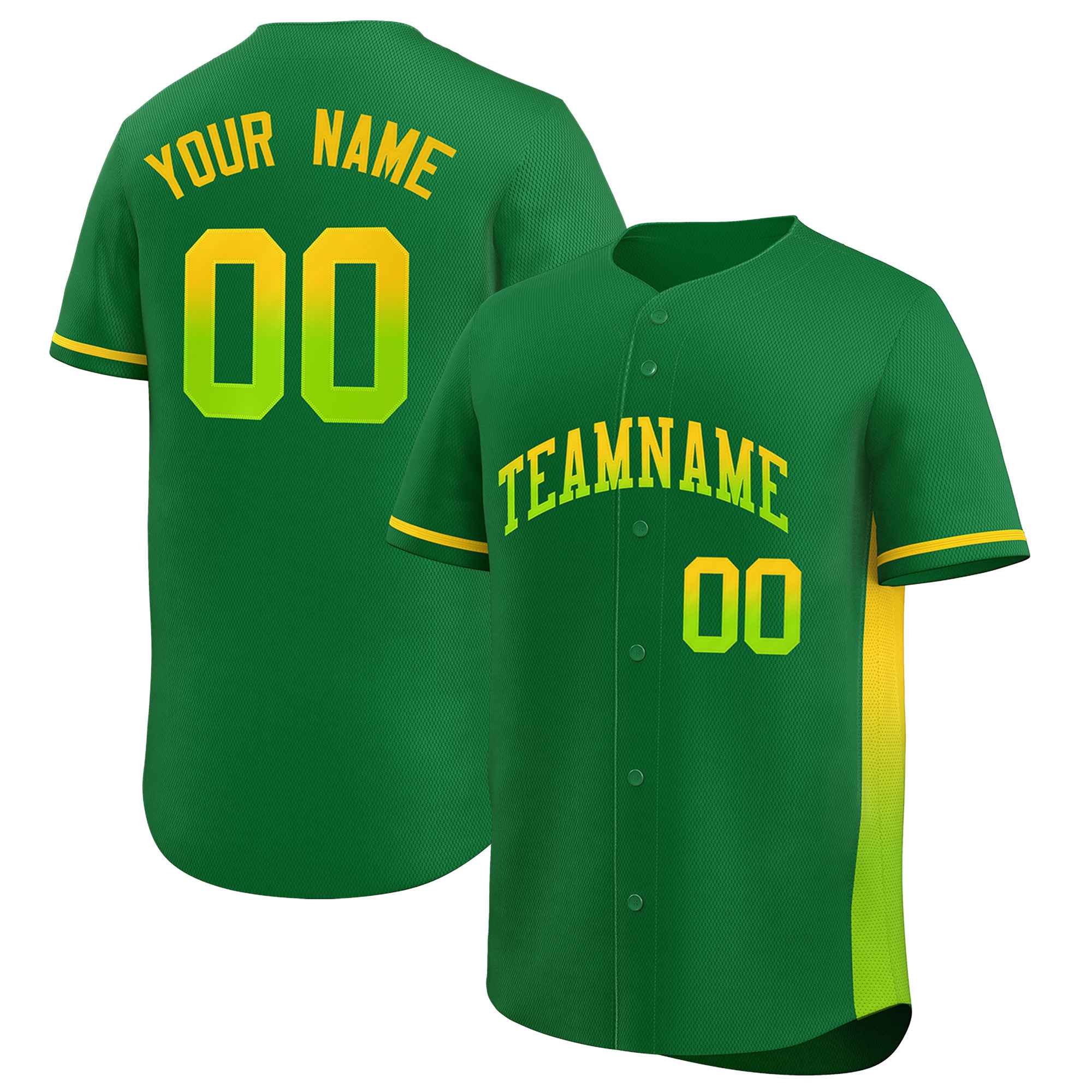 Custom Kelly Green Gold-Neon Green Personalized Gradient Font And Side Design Authentic Baseball Jersey