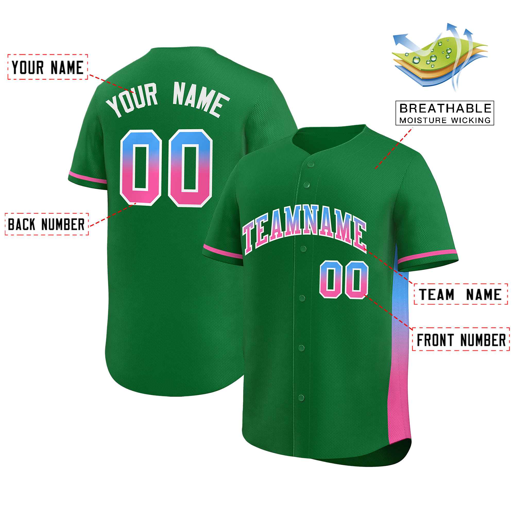 Custom Kelly Green Powder Blue-Pink Personalized Gradient Font And Side Design Authentic Baseball Jersey